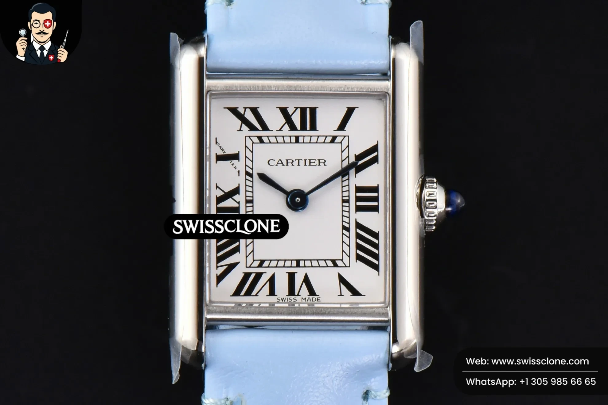 Cartier Tank Must Small 29.5?-22mm K11F White Dial Blue Smooth Calf Quartz - 45-Degree Case Profile & Crown View | 1:1 Swiss Super Clone