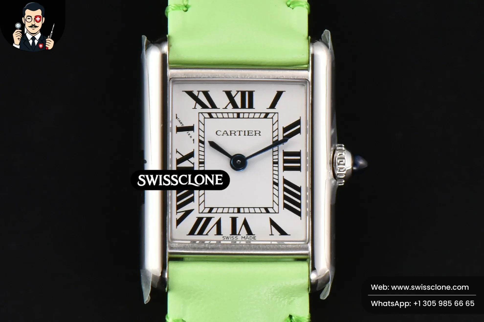 Cartier Tank Must Small 29.5?-22mm K11F White Dial Green Smooth Calf Quartz - 45-Degree Case Profile & Crown View | 1:1 Swiss Super Clone