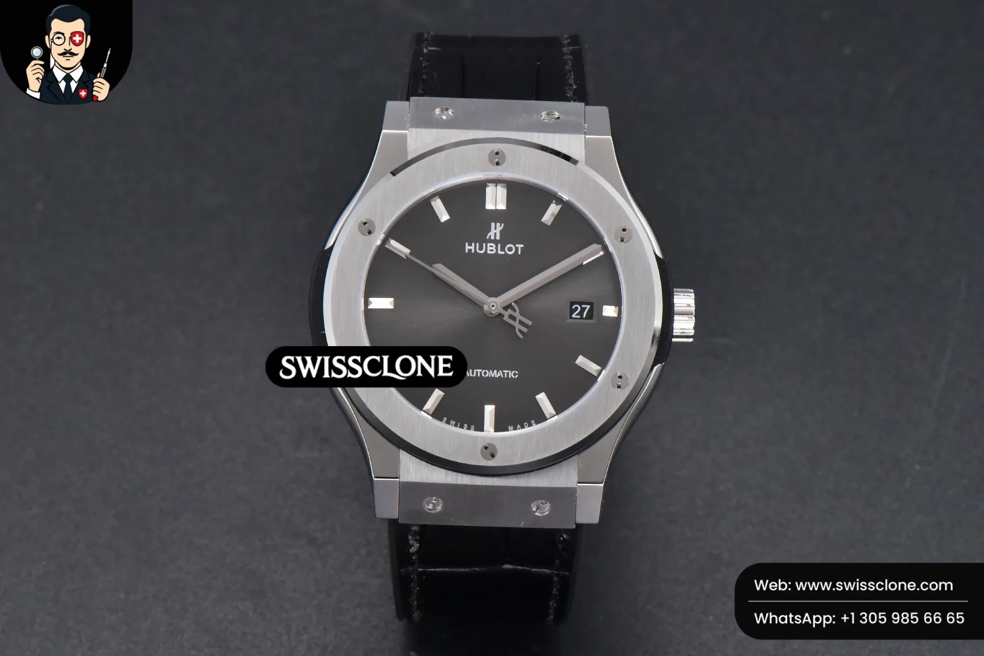 Hublot Classic Fusion 42mm JJ+F Gray Dial Black Leather 1:1 Super Clone - Dial Macro Close-Up