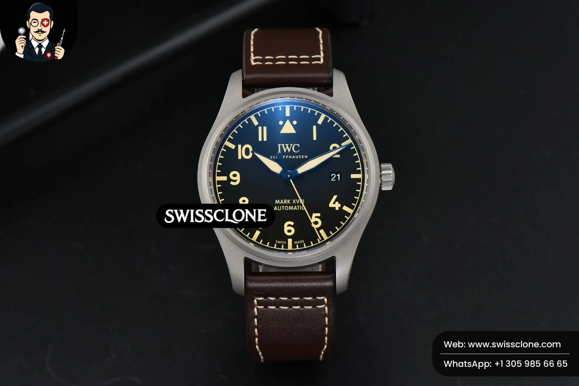 IWC Mark XVIII IW327006 Titanium 40mm V7F Black Dial Brown Leather 1:1 Super Clone - Dial Macro Close-Up
