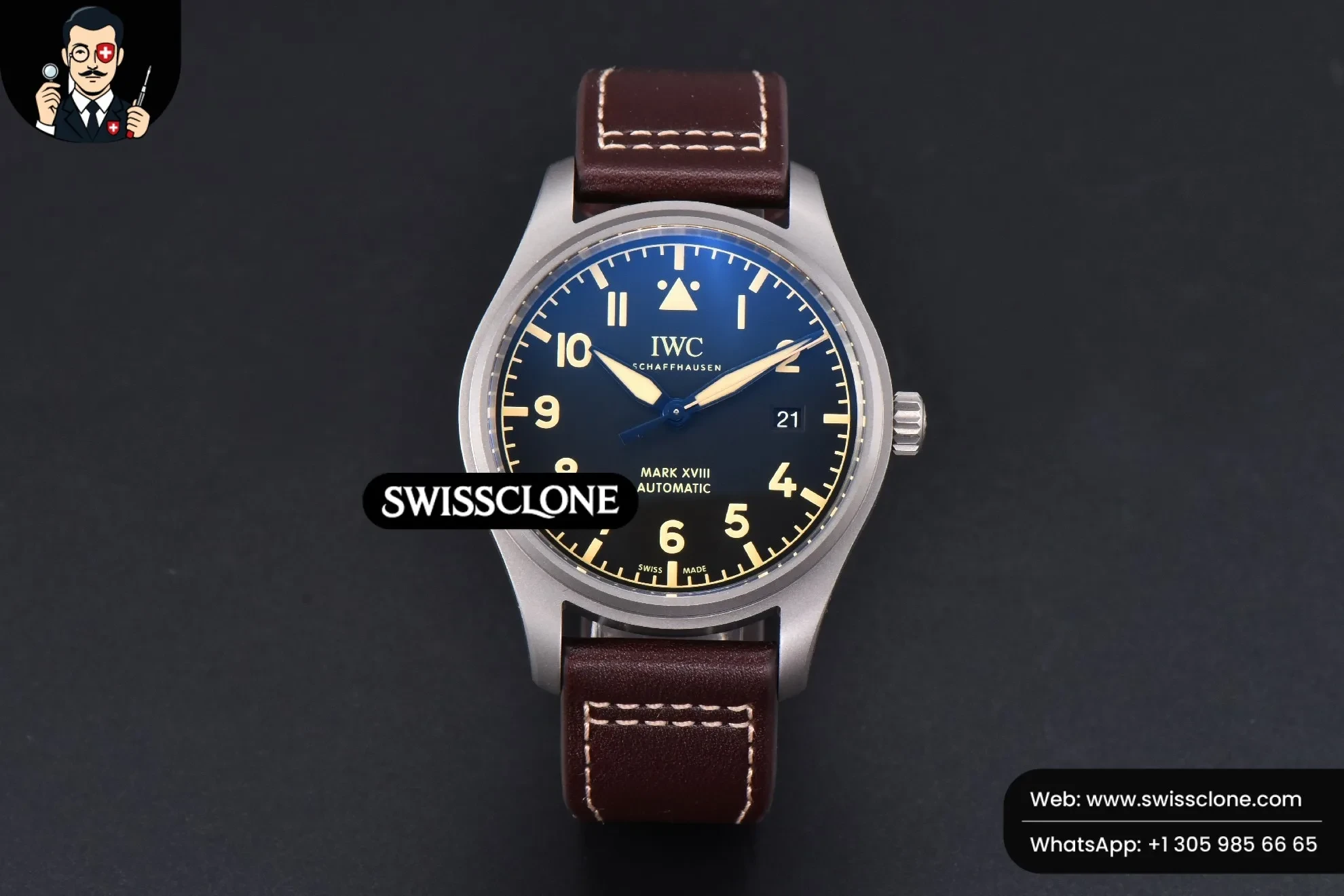 IWC Mark XVIII IWC327006 V7F 40mm Black Dial Brown Leather V7F 1:1 Super Clone - Dial Macro Close-Up