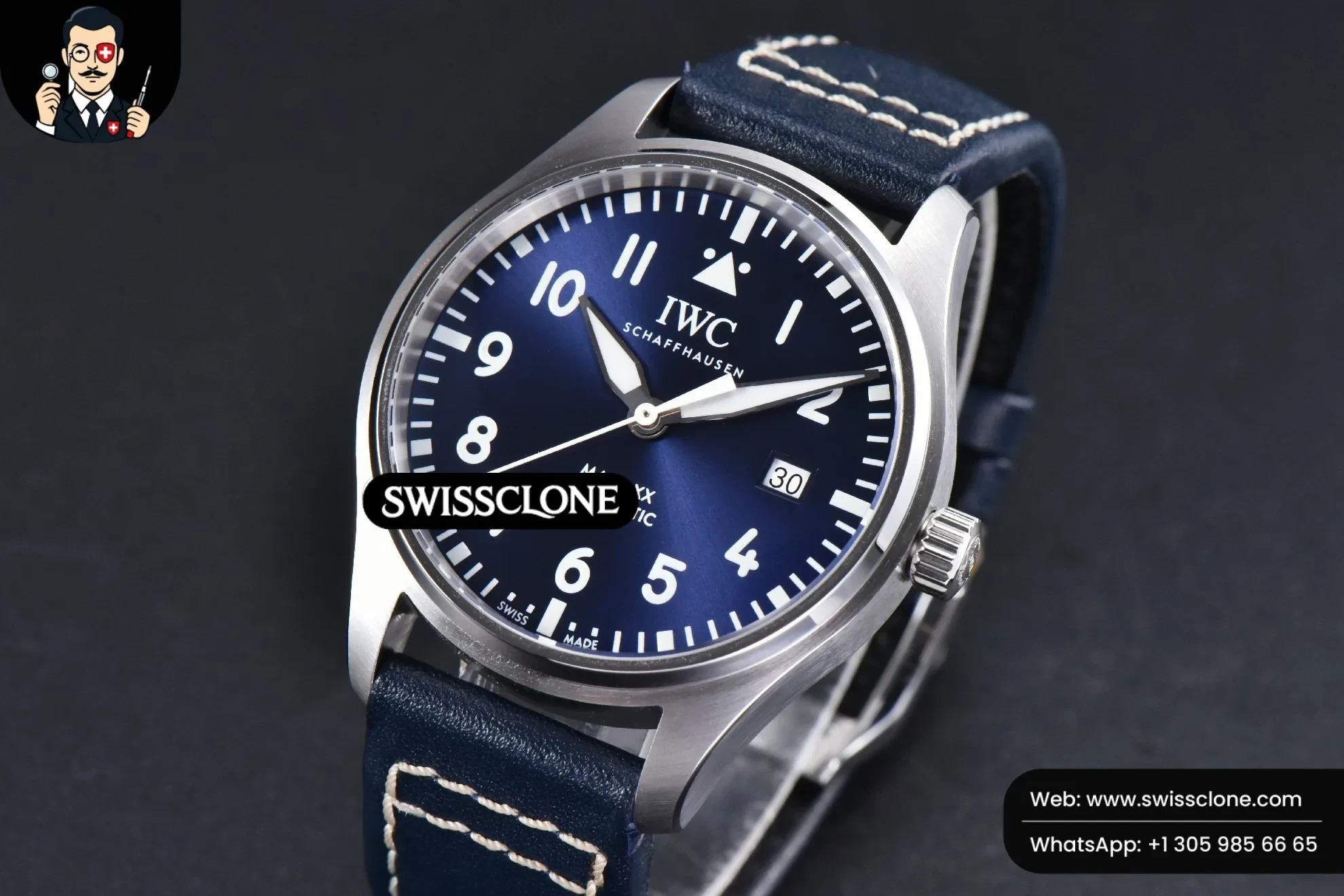 IWC Mark XX IWC328203 40mm GSF Blue Dial Blue Leather 1:1 Super Clone - Dial Macro Close-Up