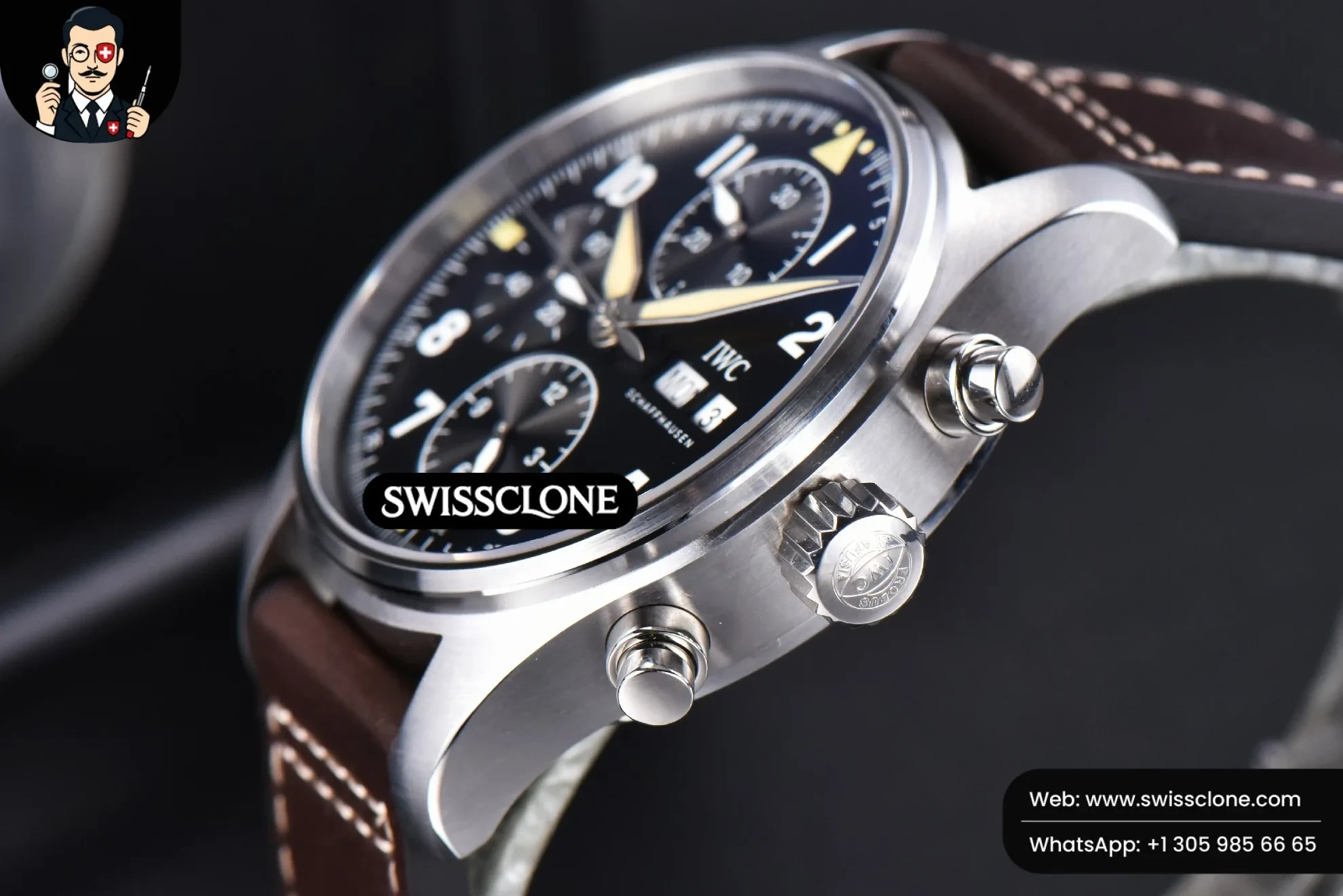 IWC Pilot Chrono Spitfire IW387903 41mm Black Dial Brown Leather Swiss Clone - View 3