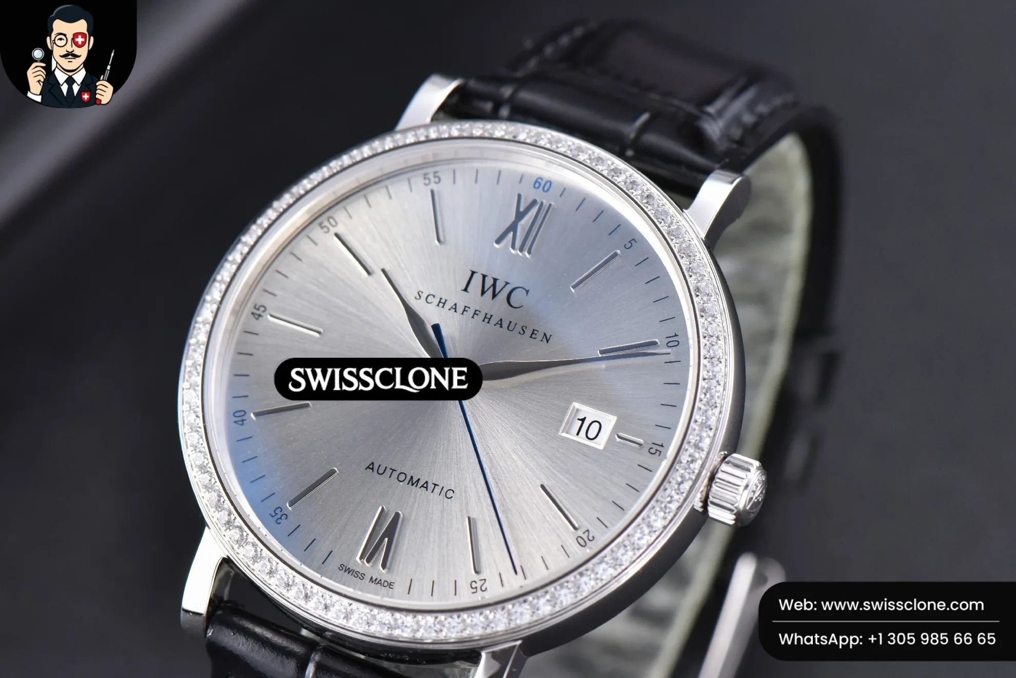 IWC Portofino ‘150 Years’ 40mm V7F Diamond Silver Dial Black Leather A2892/SW200 1:1 Super Clone Det - Dial Macro Close-Up