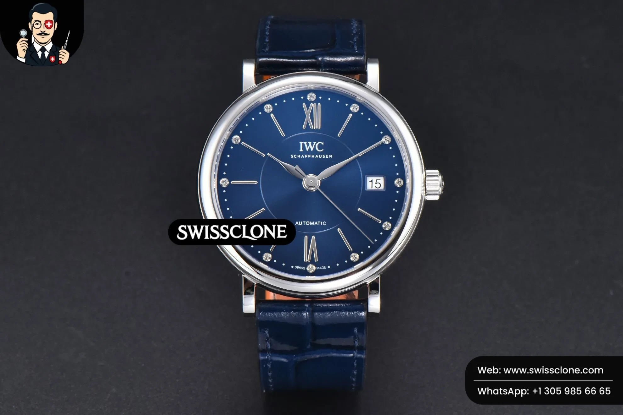IWC Portofino V7F 37mm Blue Dial Silver Marker Black Leather 1:1 Super Clone - Dial Macro Close-Up
