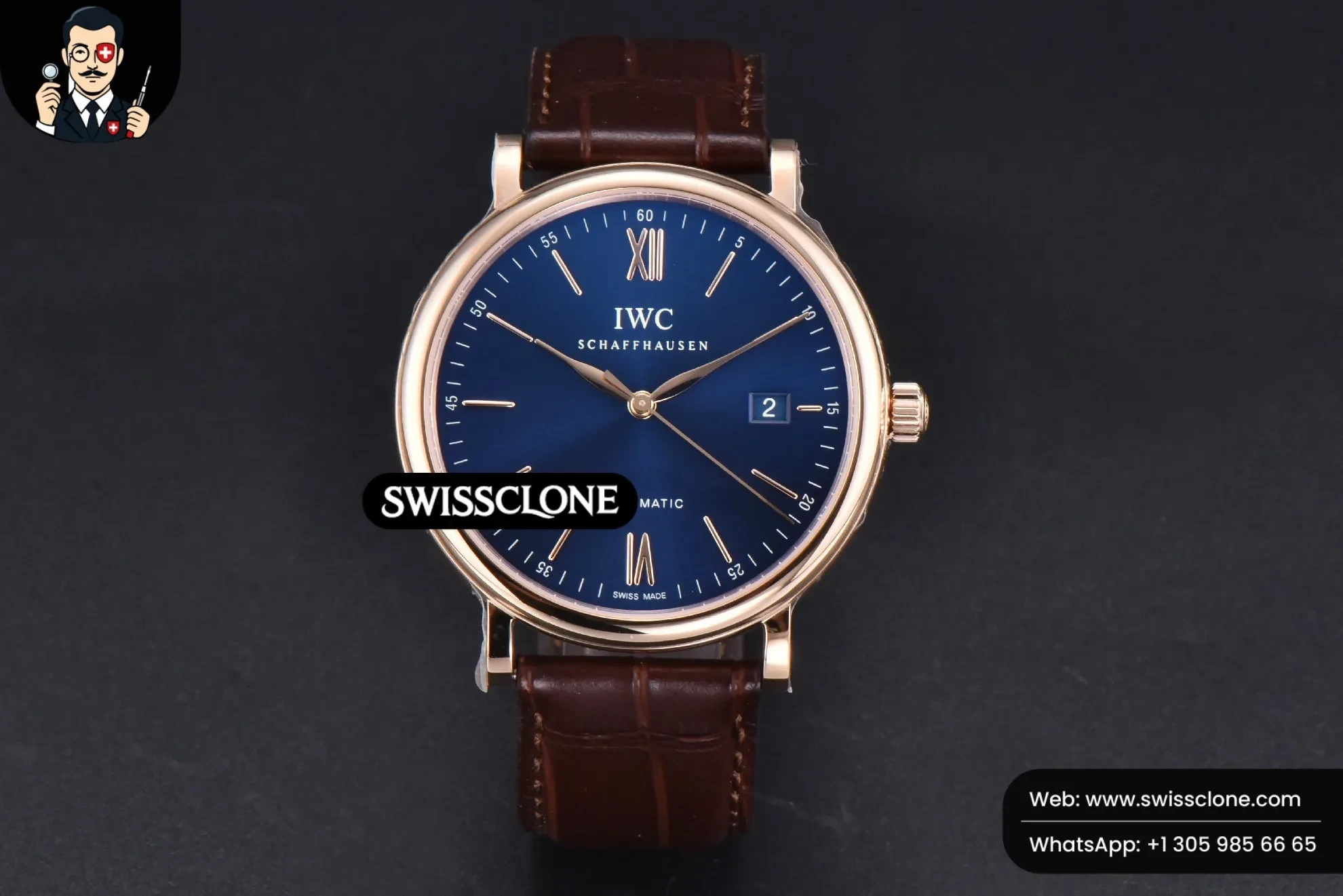 IWC Portofino V7F 40mm Blue Dial Marker Brown Leather 1:1 Super Clone - Dial Macro Close-Up