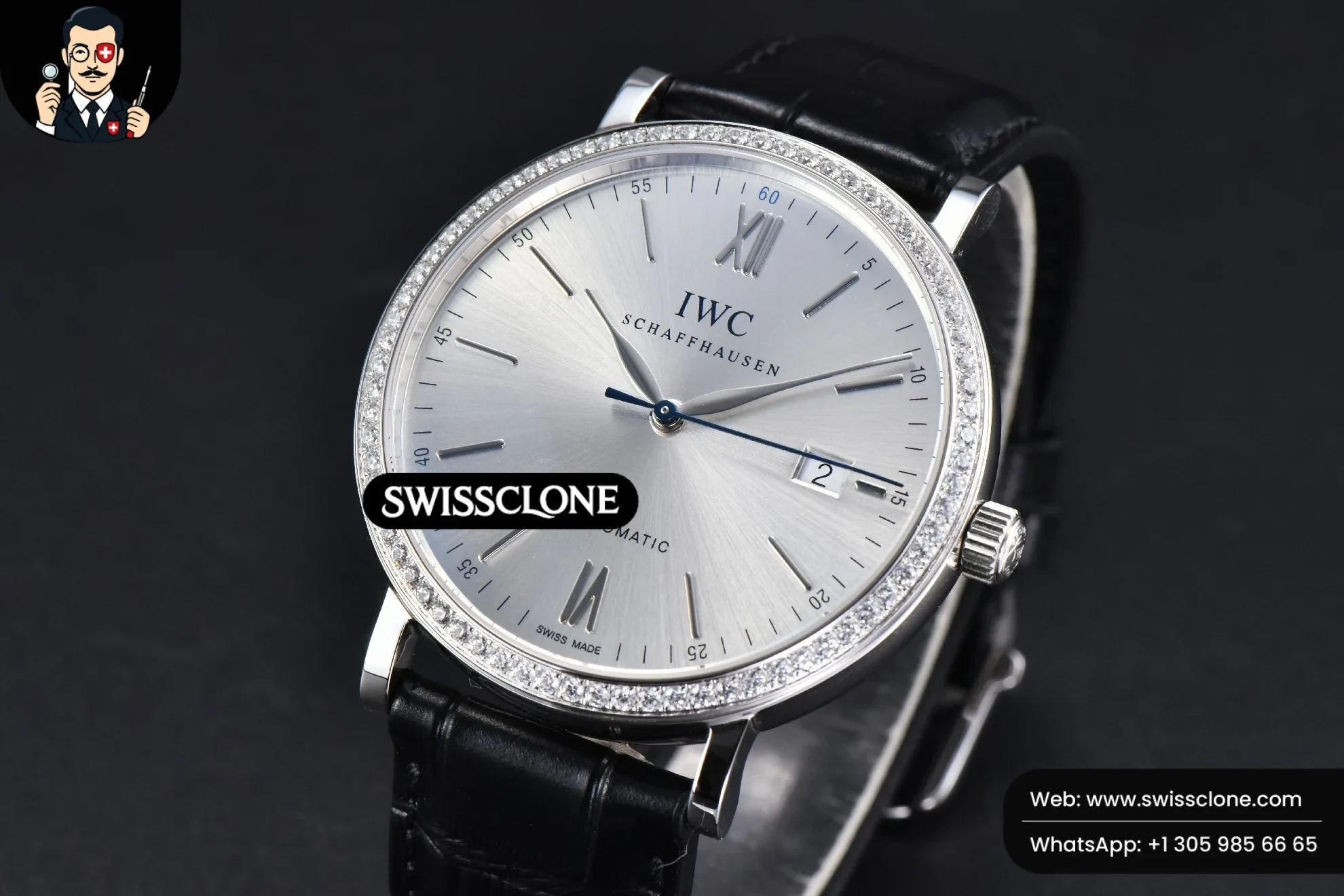 IWC Portofino V7F 40mm Diamond Silver Dial Black Leather 1:1 Super Clone - Bezel & Case Profile