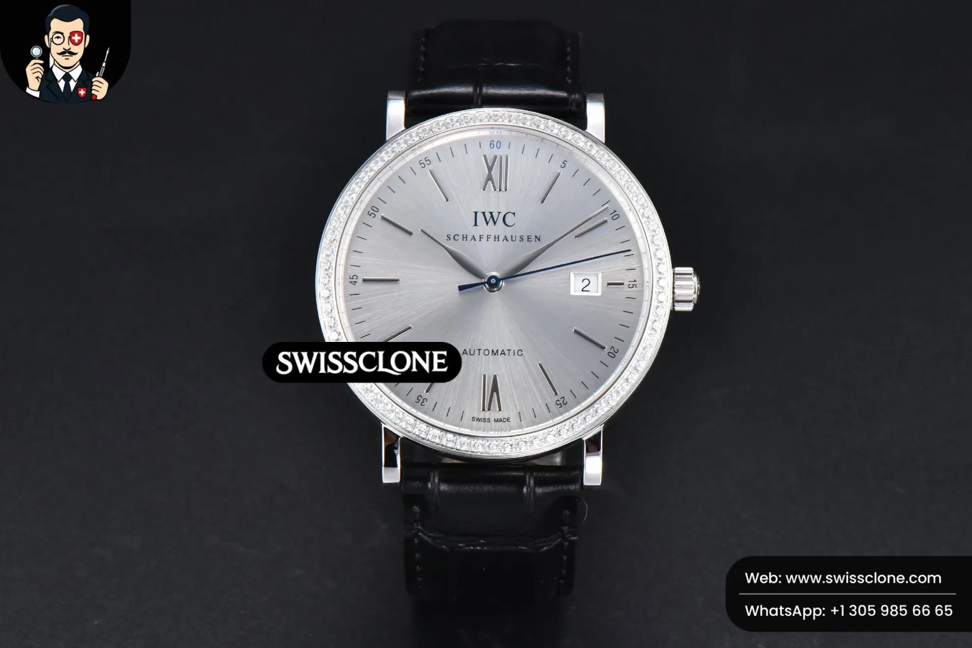 IWC Portofino V7F 40mm Diamond Silver Dial Black Leather 1:1 Super Clone - Dial Macro Close-Up