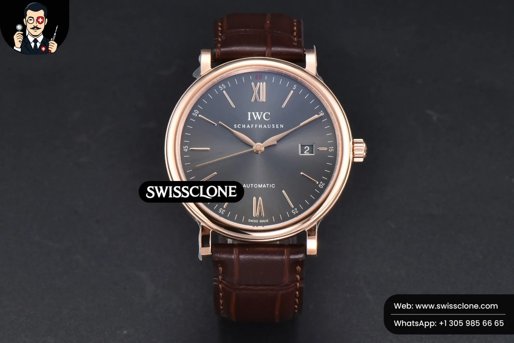 IWC Portofino V7F 40mm Gray Dial Marker Brown Leather 1:1 Super Clone - Dial Macro Close-Up