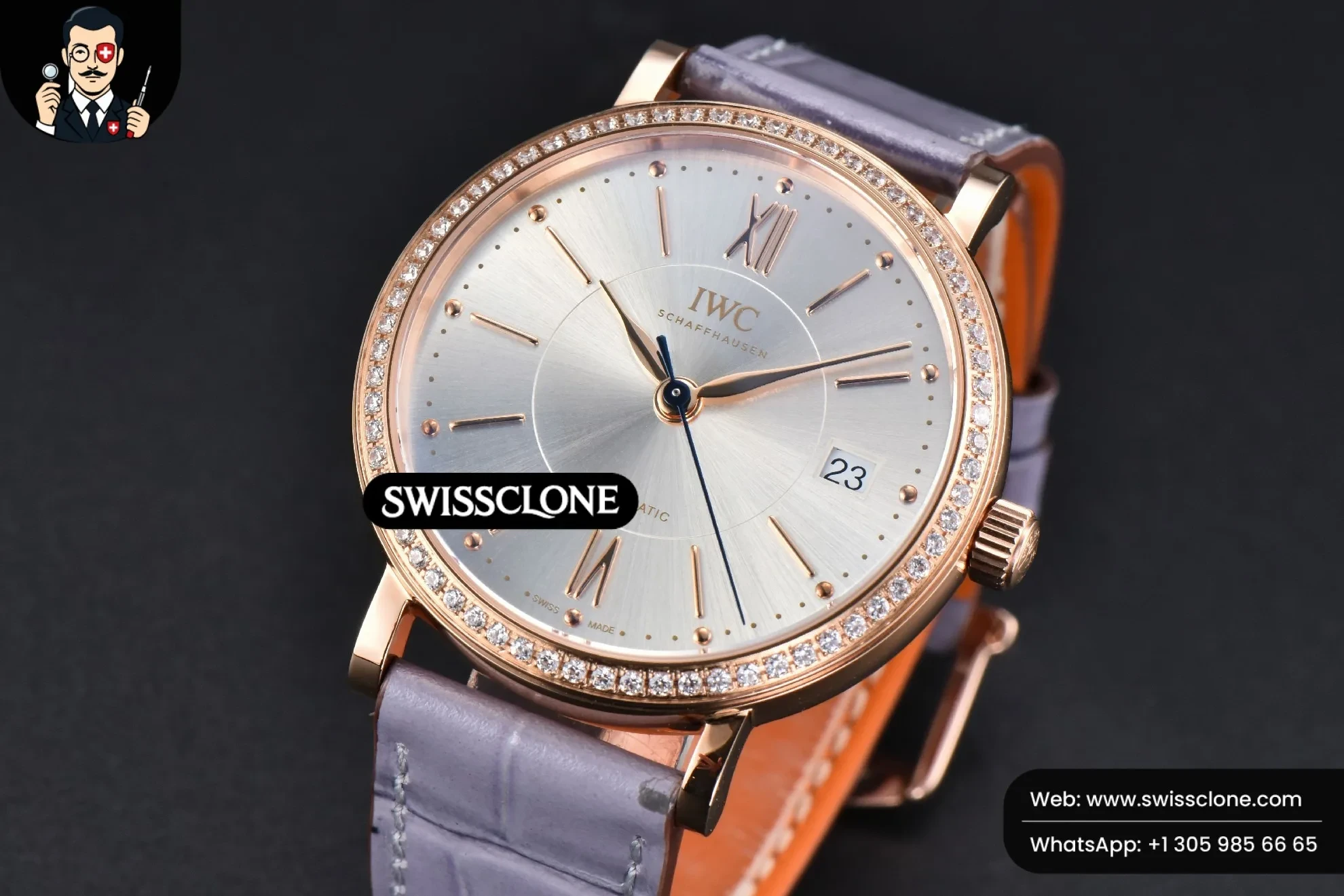 IWC Schaffhausen Portofino V7F 37mm Diamond Silver Dial Marker Grape Leather 1:1 Super Clone - Bezel & Case Profile