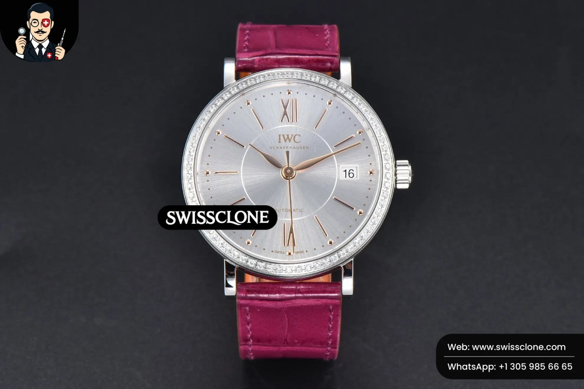 IWC Schaffhausen Portofino V7F 37mm Diamond Silver Dial Marker Pink Leather 1:1 Super Clone - Dial Macro Close-Up