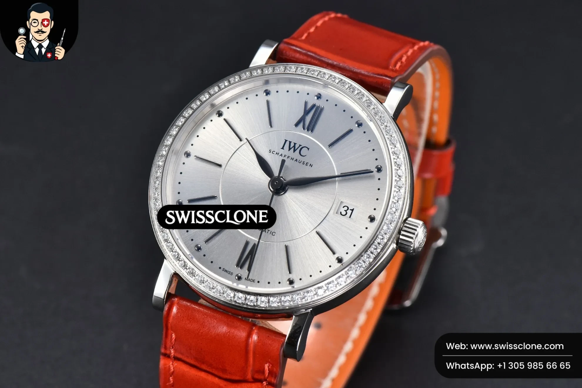 IWC Schaffhausen Portofino V7F 37mm Diamond Silver Dial Silver Marker Red Leather 1:1 Super Clone - Bezel & Case Profile