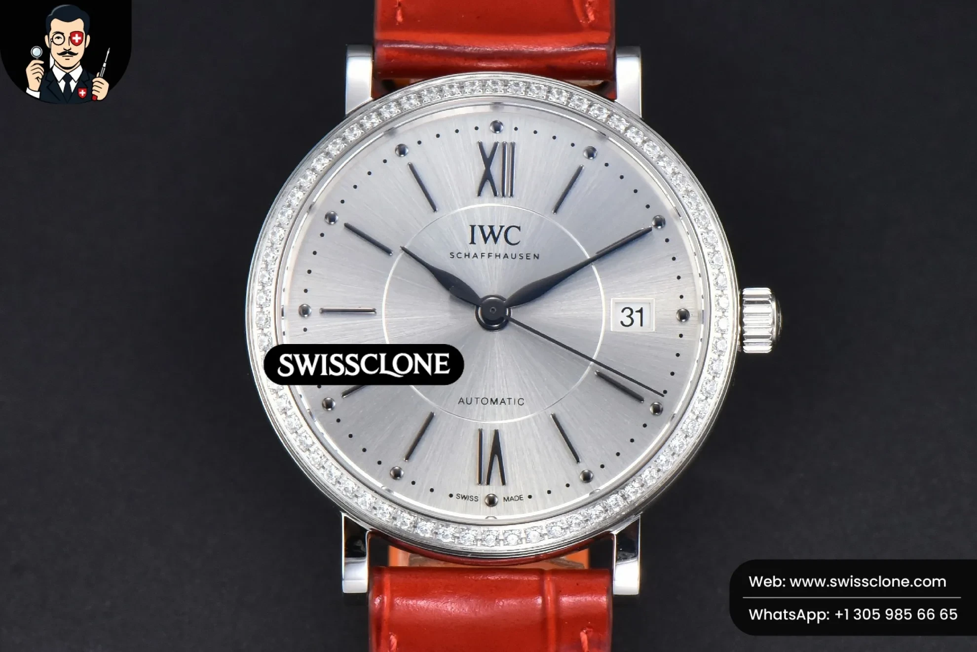 Portofino V7F 37mm Diamond Silver Dial Silver Marker Red Leather