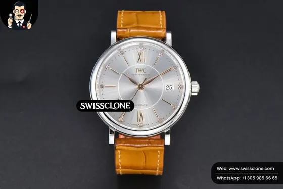 IWC Schaffhausen Portofino V7F 37mm Gray Dial Marker Brown Leather 1:1 Super Clone - Dial Macro Close-Up