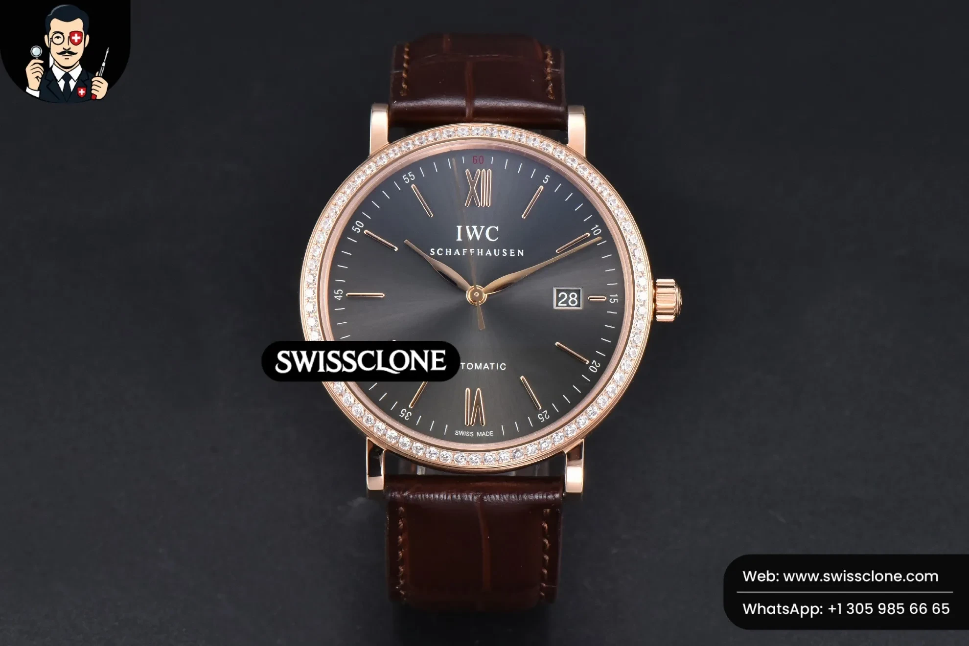 IWC Schaffhausen Portofino V7F 40mm Diamond Gray Dial Marker Brown Leather 1:1 Super Clone - Dial Macro Close-Up