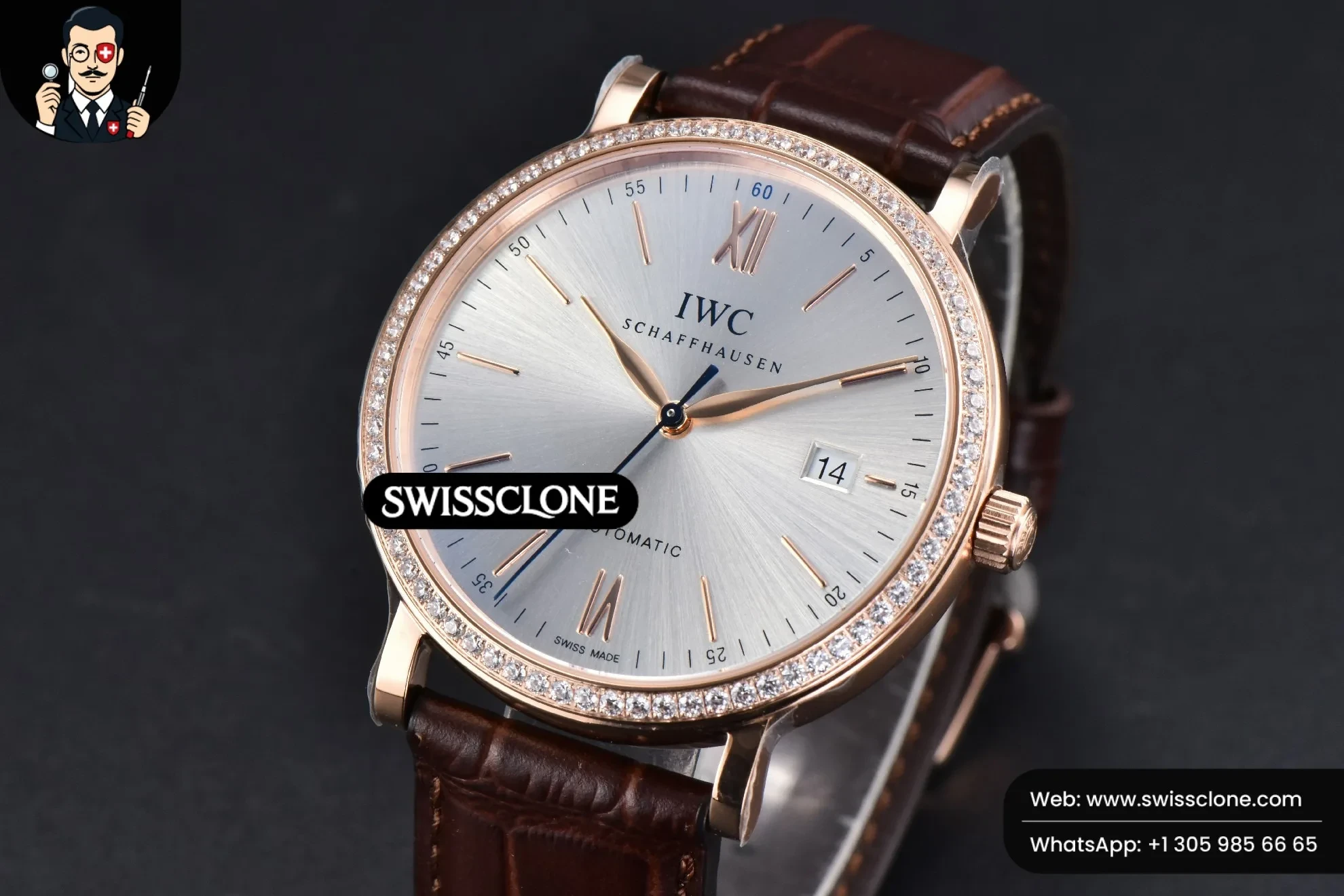 IWC Schaffhausen Portofino V7F 40mm Diamond Silver Dial Marker Brown Leather 1:1 Super Clone - Bezel & Case Profile