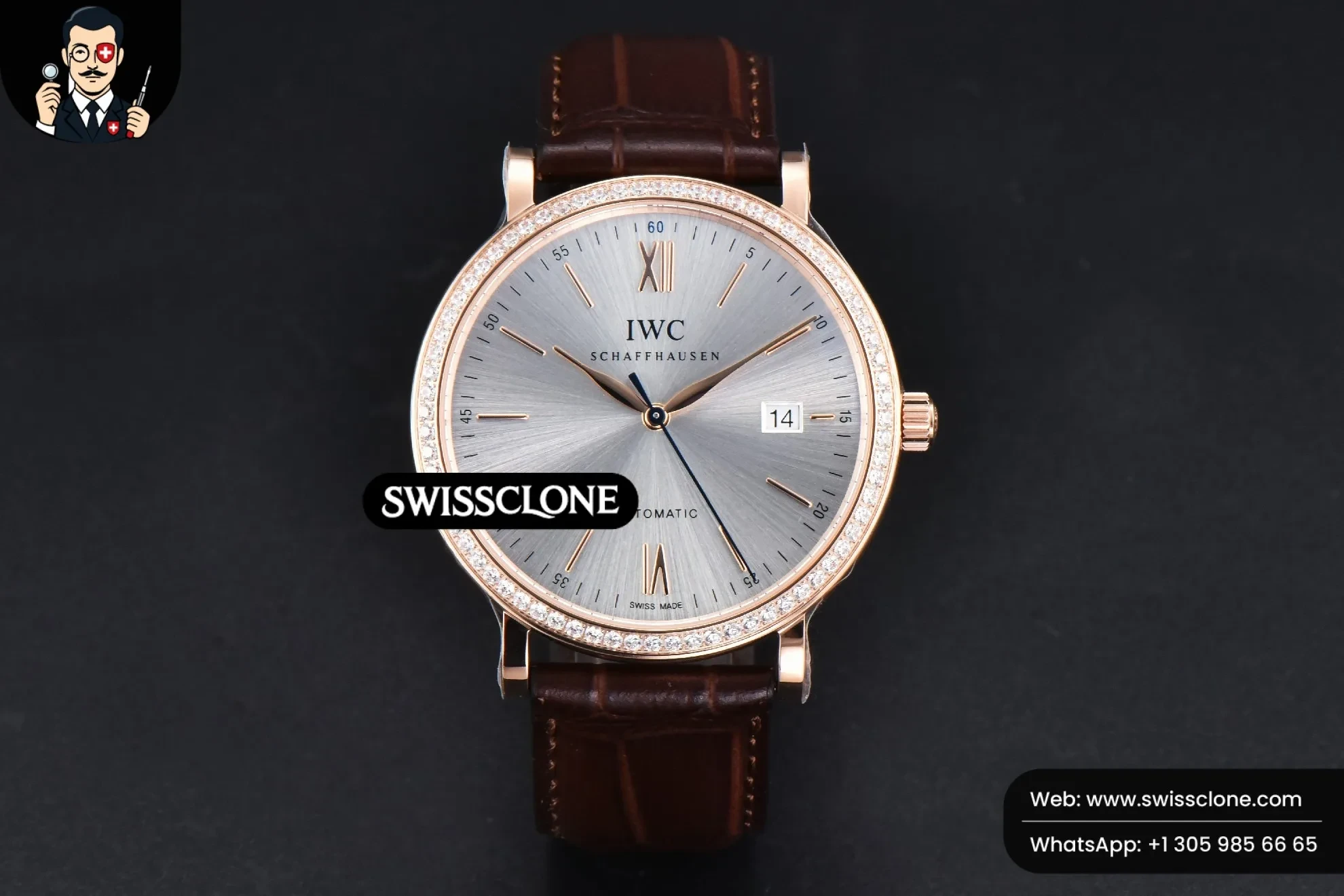 IWC Schaffhausen Portofino V7F 40mm Diamond Silver Dial Marker Brown Leather 1:1 Super Clone - Dial Macro Close-Up