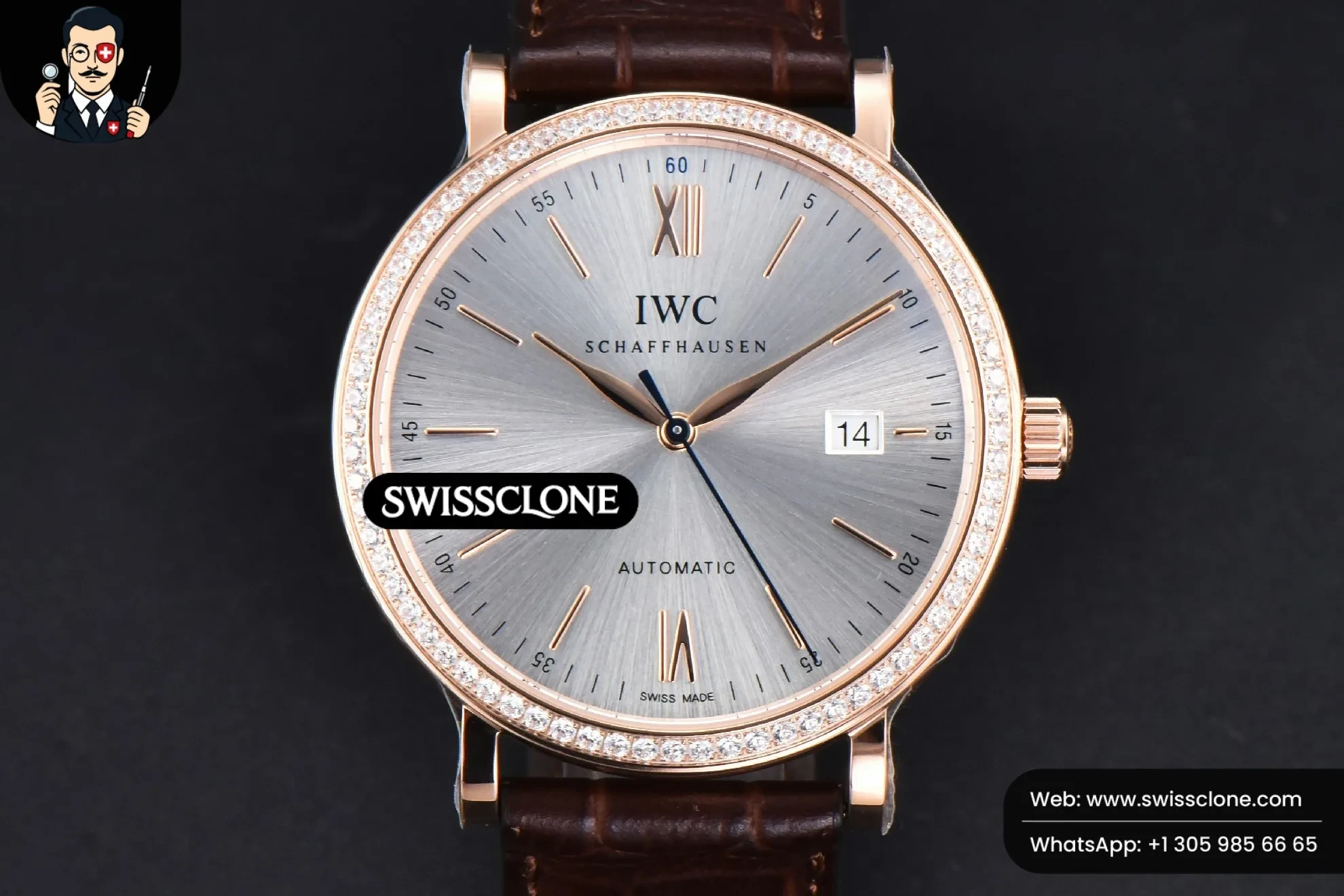 Portofino V7F 40mm Diamond Silver Dial Marker Brown Leather