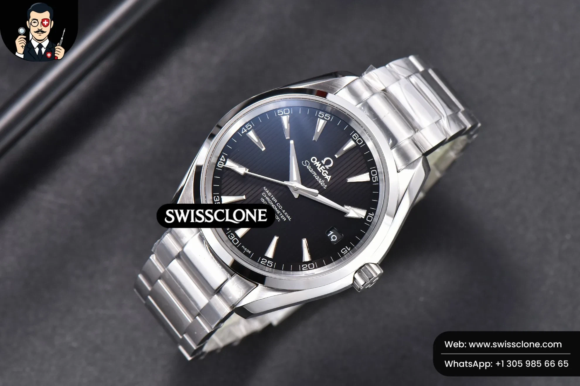 Omega Aqua Terra 150M 41mm Black Textured Dial - 45-Degree Case Profile & Crown View | 1:1 Swiss Super Clone