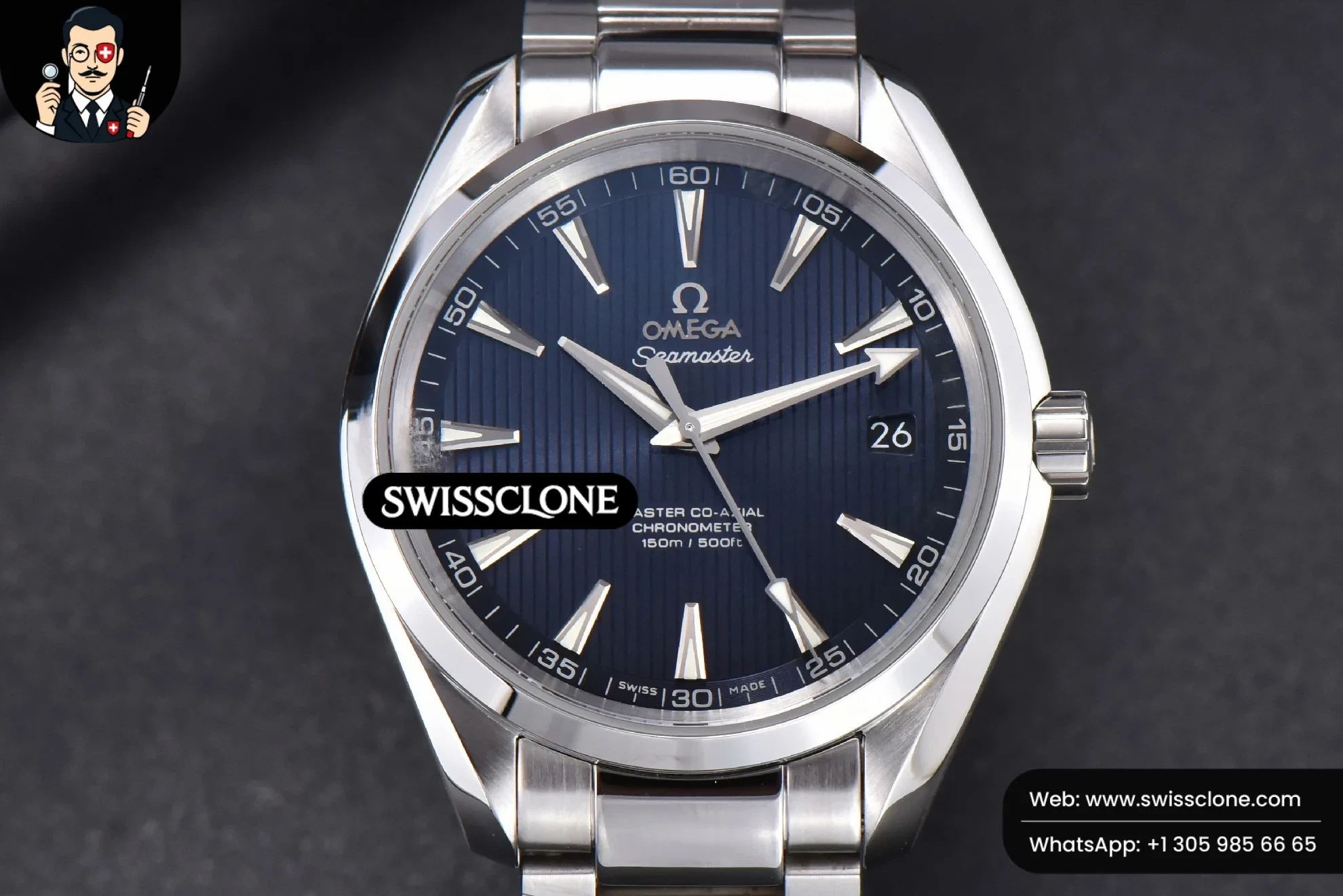 Omega Aqua Terra 150M 41mm Blue Textured Dial - 45-Degree Case Profile & Crown View | 1:1 Swiss Super Clone