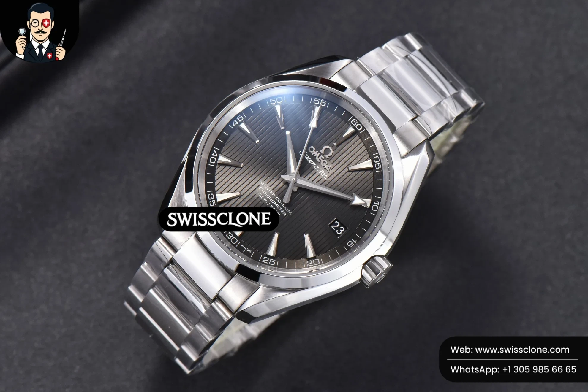Omega Aqua Terra 150M 41mm Gray Textured Dial - 45-Degree Case Profile & Crown View | 1:1 Swiss Super Clone