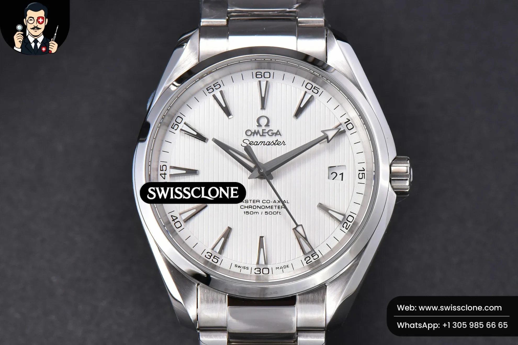 Omega Aqua Terra 150M 41mm White Textured Dial - 45-Degree Case Profile & Crown View | 1:1 Swiss Super Clone