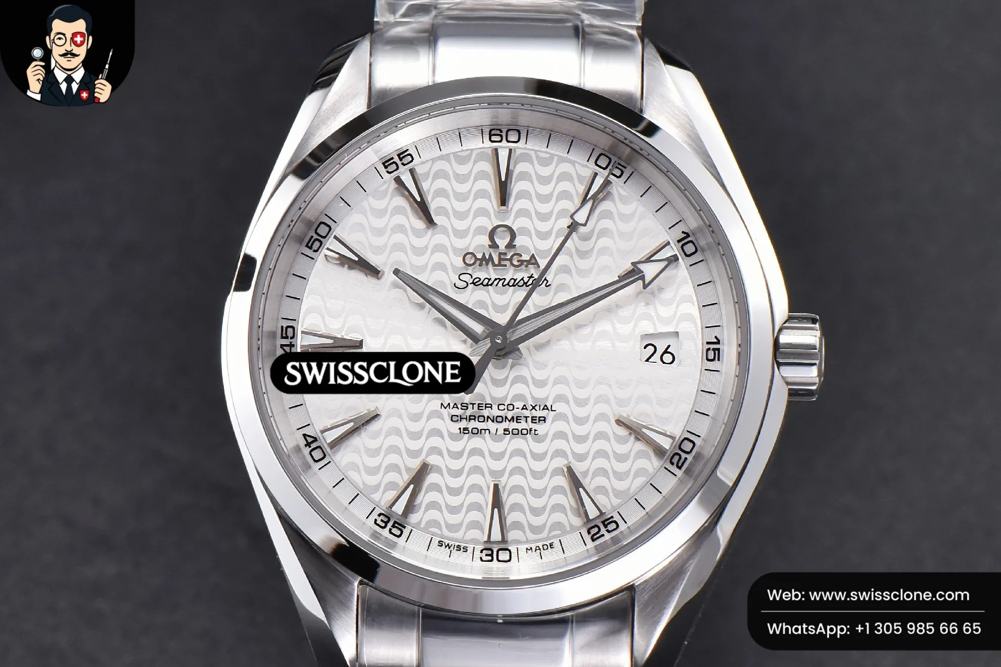 Omega Aqua Terra 150M 41mm White Wave Dial Silver Markers - 45-Degree Case Profile & Crown View | 1:1 Swiss Super Clone