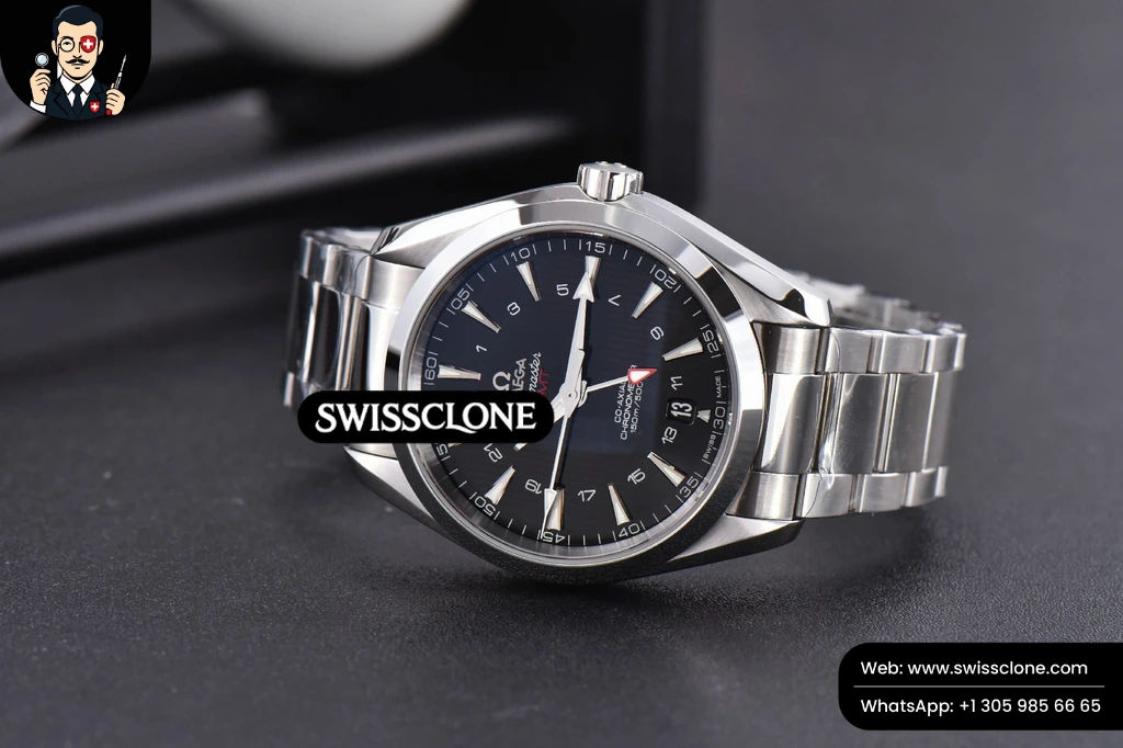 Omega Aqua Terra 150M 43mm GMT Black Textured Dial SS Bracelet A8605 (VSF) 1:1 Super Clone - Atelier QC Inspection Angle 10