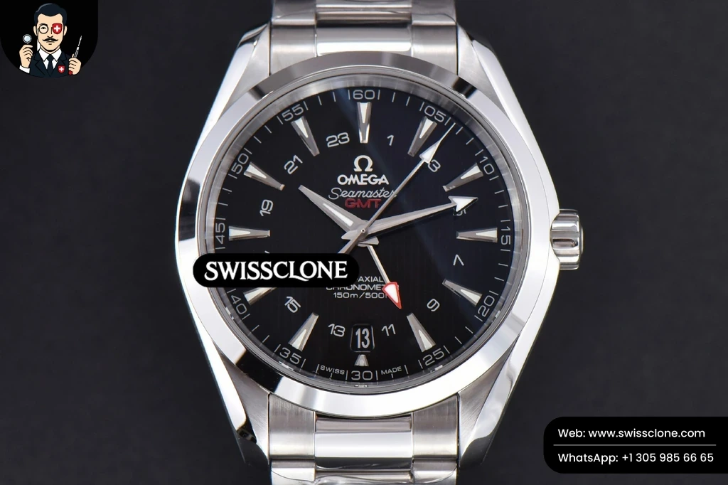 Omega Aqua Terra 150M 43mm GMT Black Textured Dial SS Bracelet A8605 (VSF) - Dial Macro Close-Up