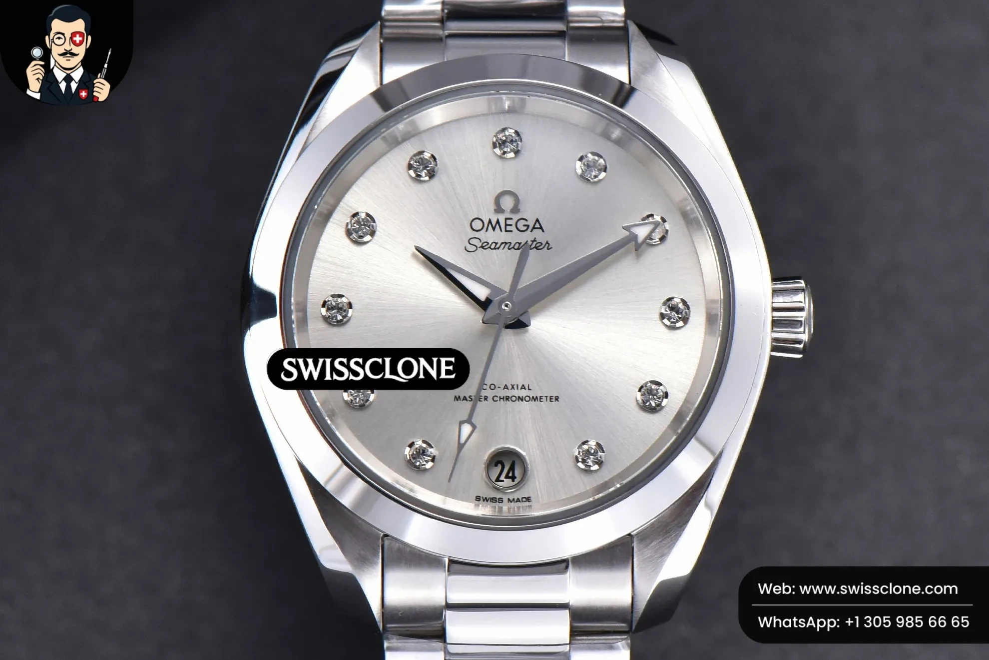 Omega Aqua Terra 150M Ladies 34mm Silver Dial Diamond Marker - 45-Degree Case Profile & Crown View | 1:1 Swiss Super Clone