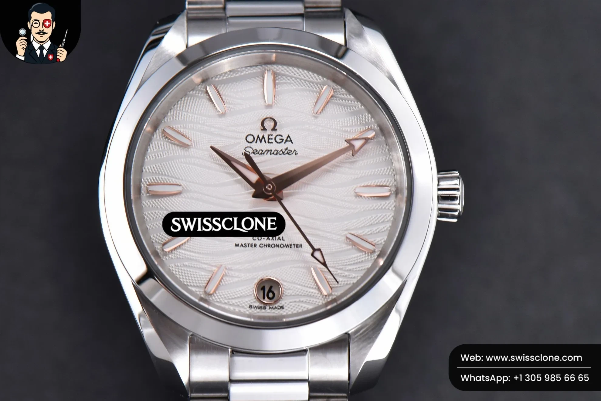 Omega Aqua Terra 150M Ladies 34mm White Wave Dial Marker - 45-Degree Case Profile & Crown View | 1:1 Swiss Super Clone