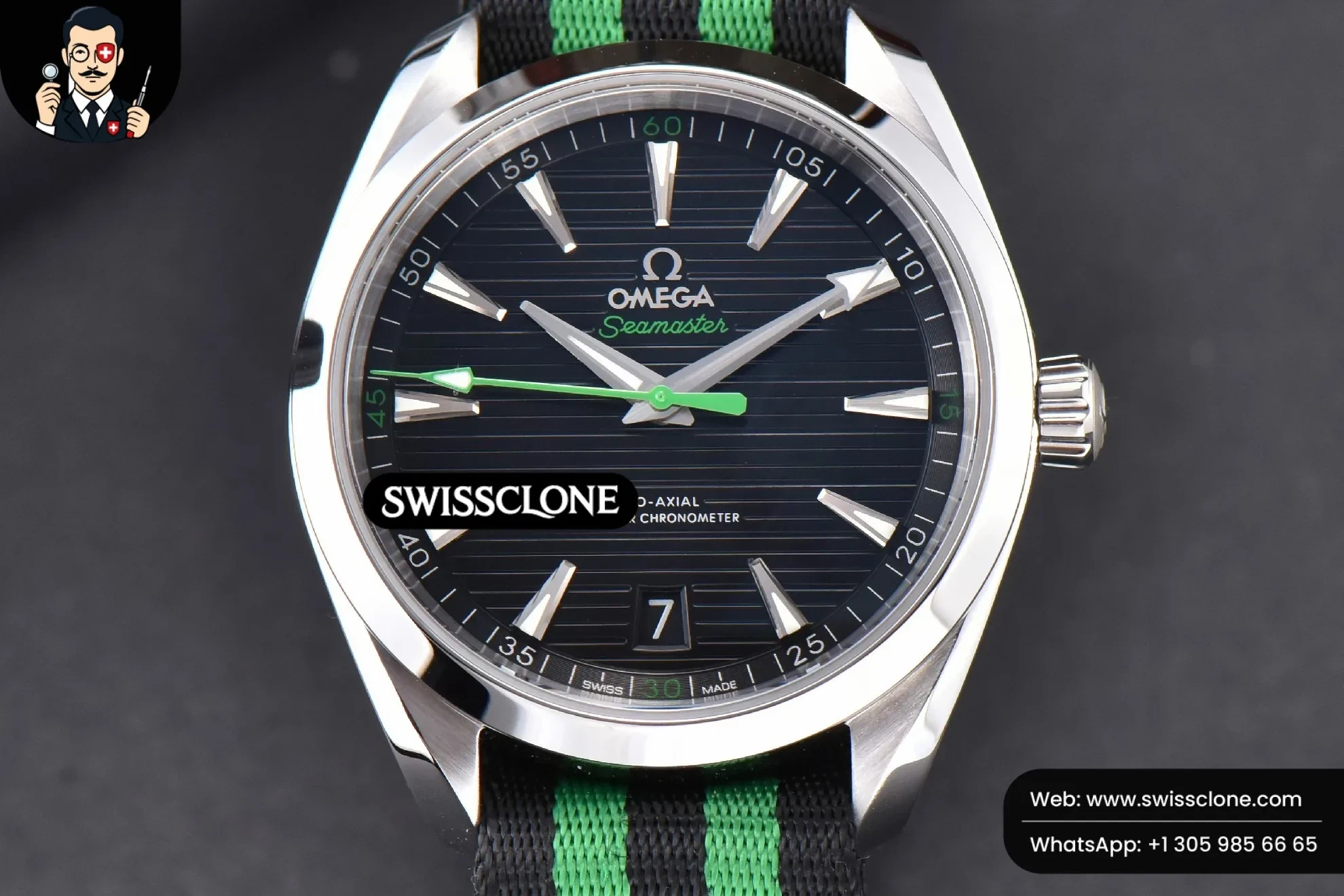 Omega Aqua Terra 150M Master Chronometers 41mm Black Dial Green Hand Nylon - 45-Degree Case Profile & Crown View | 1:1 Swiss Super Clone