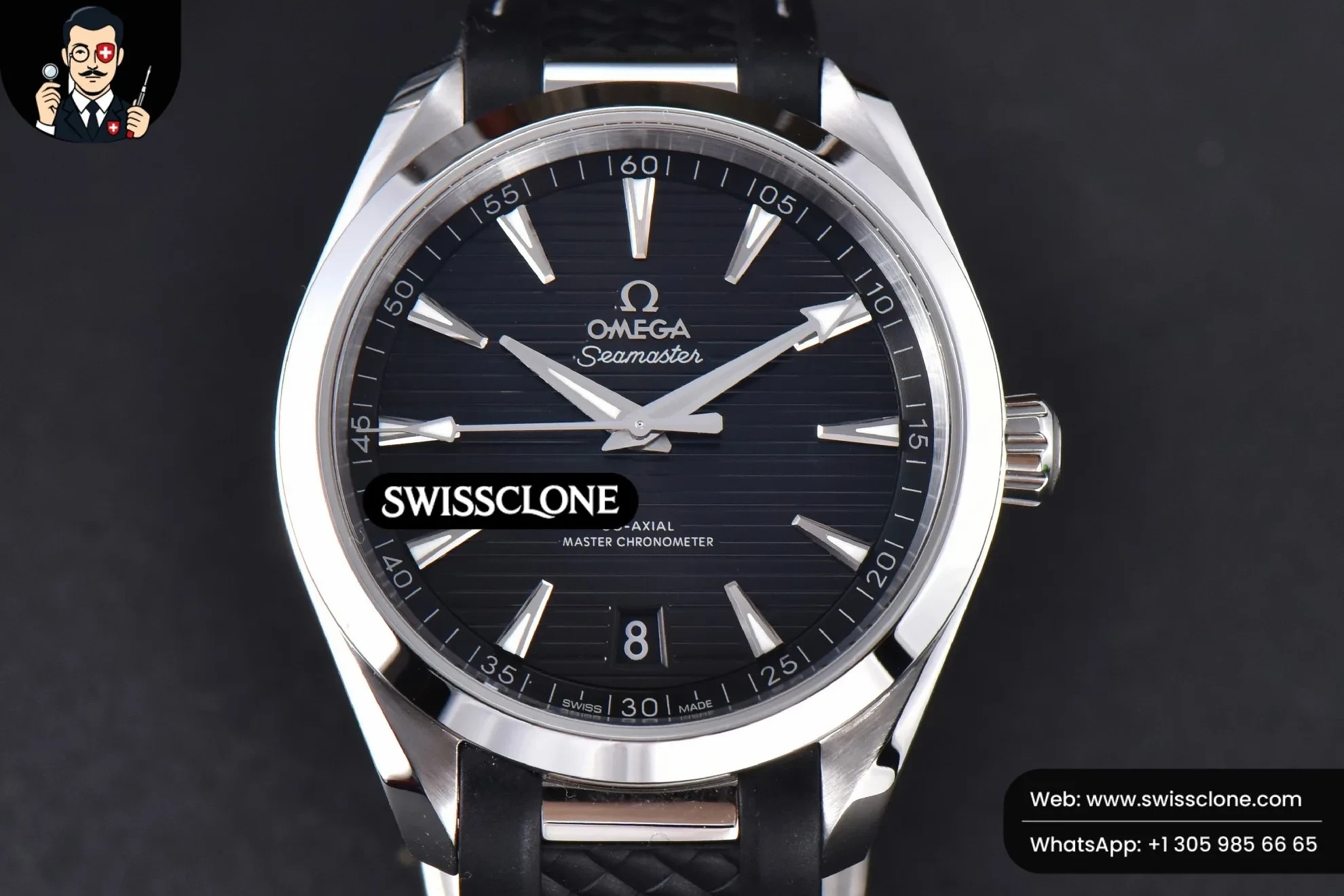 Omega Aqua Terra 150M SeaMaster 41mm Black Dial Silver Hands Black Rubber 1:1 Super Clone - Dial Macro Close-Up