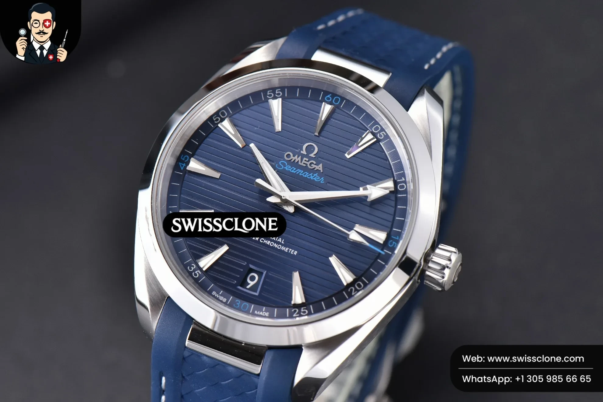 Omega Aqua Terra 150M Seamaster 41mm Blue Dial Silver Hands Blue Rubber - 45-Degree Case Profile & Crown View | 1:1 Swiss Super Clone
