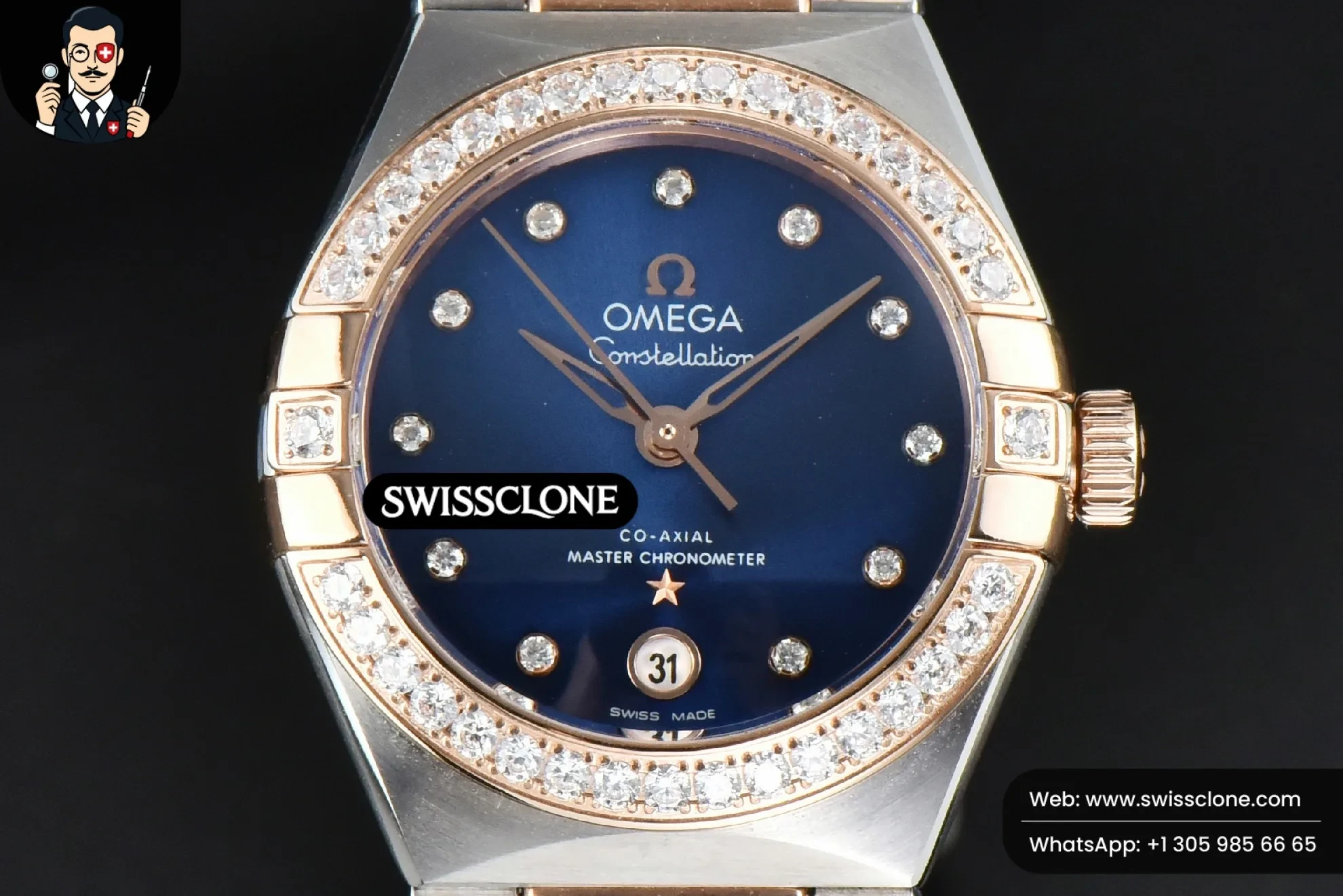 Omega Constellation 29mm TWSF Diamond Blue Dial RG/SS - 45-Degree Case Profile & Crown View | 1:1 Swiss Super Clone