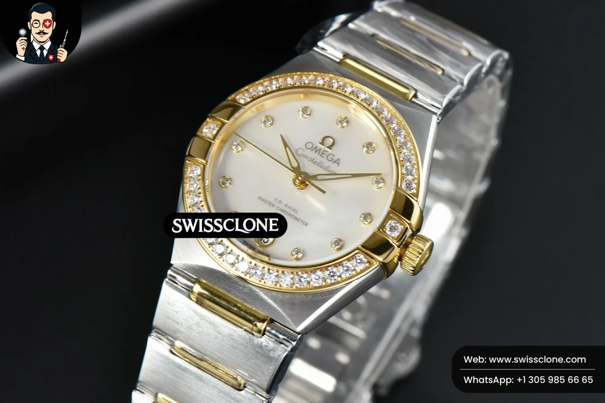 Omega Constellation 29mm TWSF Diamond MOP Dial YG/SS - 45-Degree Case Profile & Crown View | 1:1 Swiss Super Clone