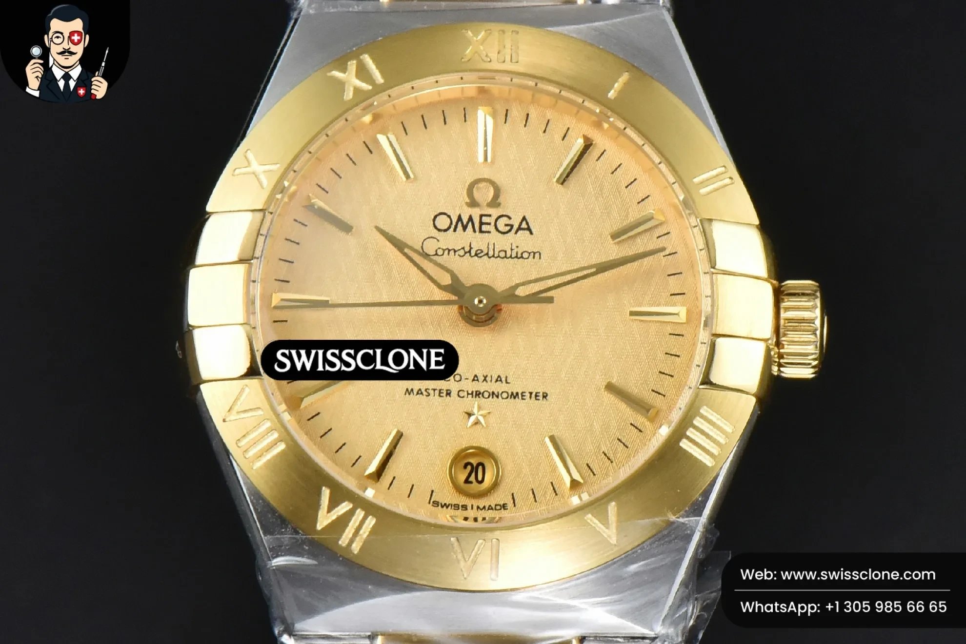 Omega Constellation 29mm TWSF Gold Textured Dial YG/SS - 45-Degree Case Profile & Crown View | 1:1 Swiss Super Clone