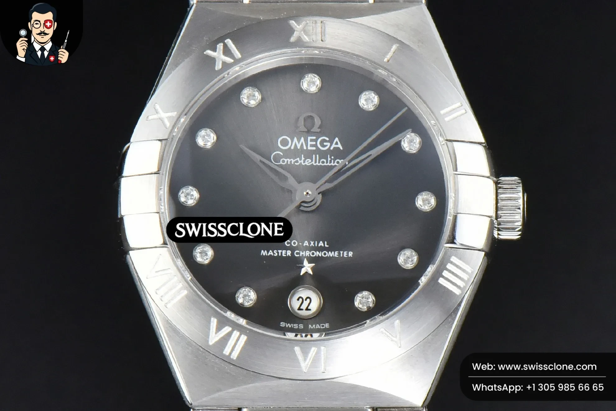 Omega Constellation 29mm TWSF Gray Dial - 45-Degree Case Profile & Crown View | 1:1 Swiss Super Clone