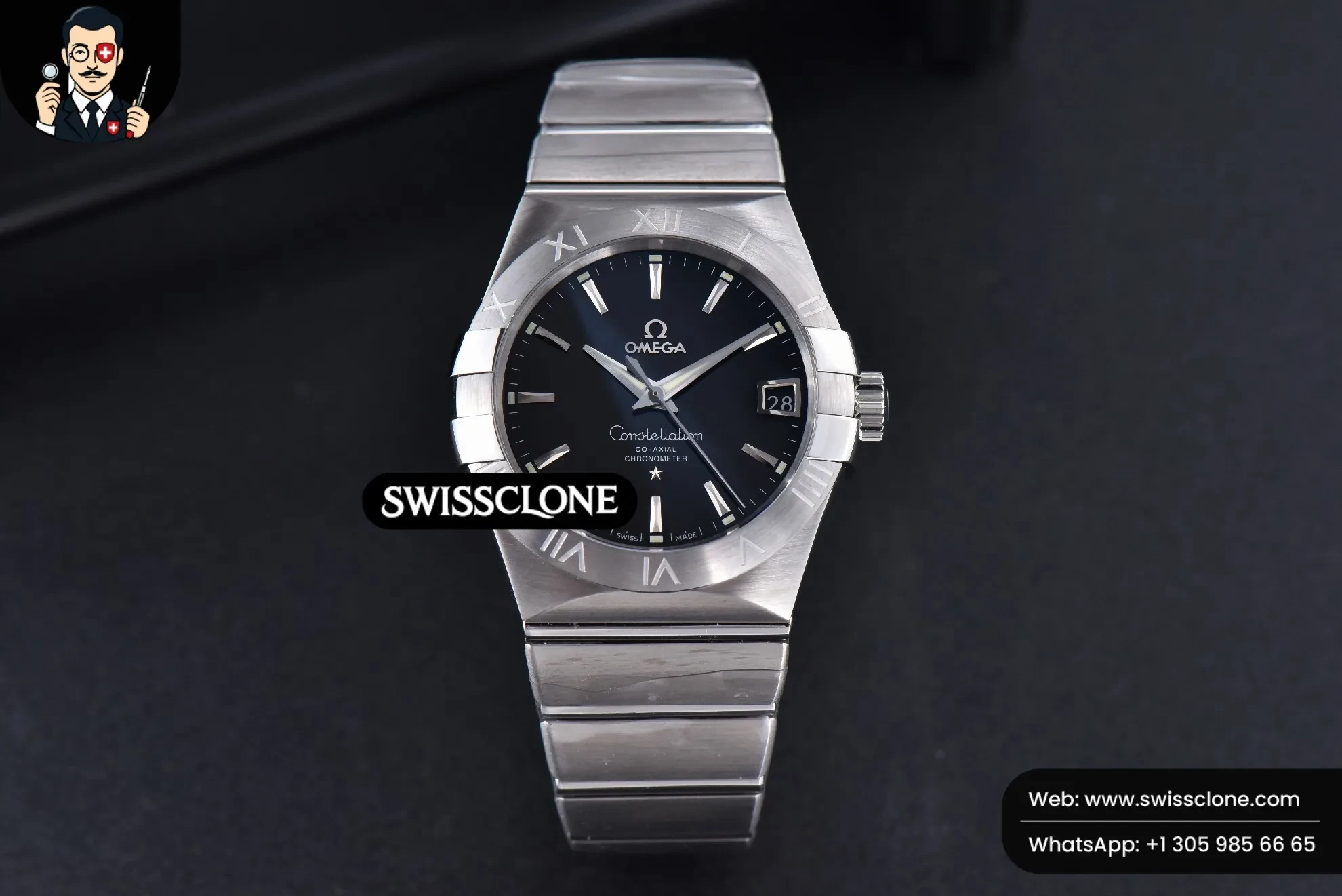 Omega Constellation 38mm Black Dial Stick Markers on - 45-Degree Case Profile & Crown View | 1:1 Swiss Super Clone