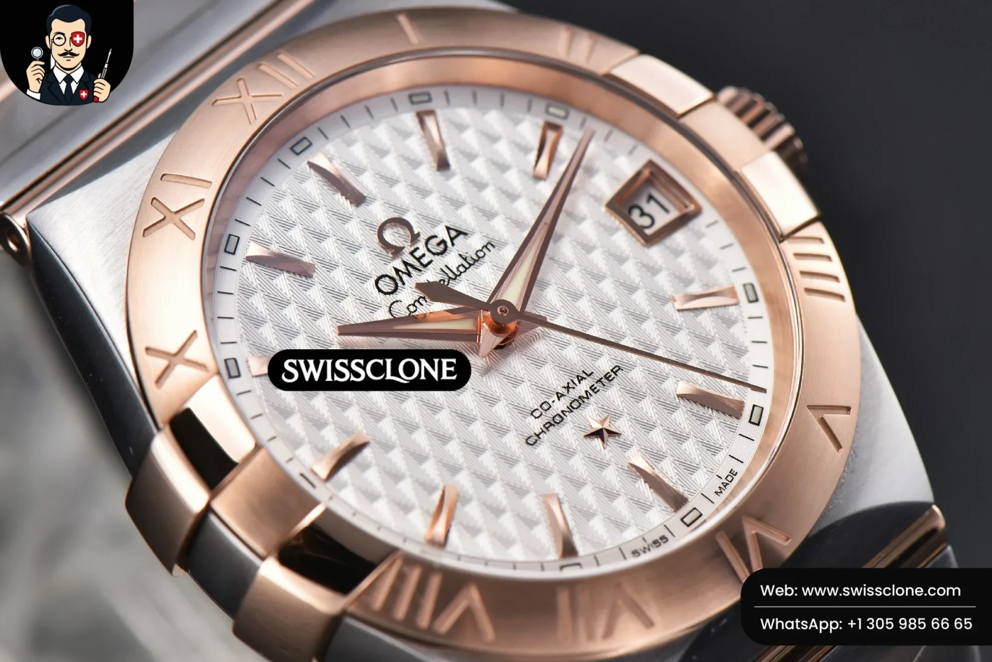 Omega Constellation 38mm RG/SS White Textured Dial RG/SS - Clasp, Bracelet & Buckle Detail | 1:1 Swiss Super Clone