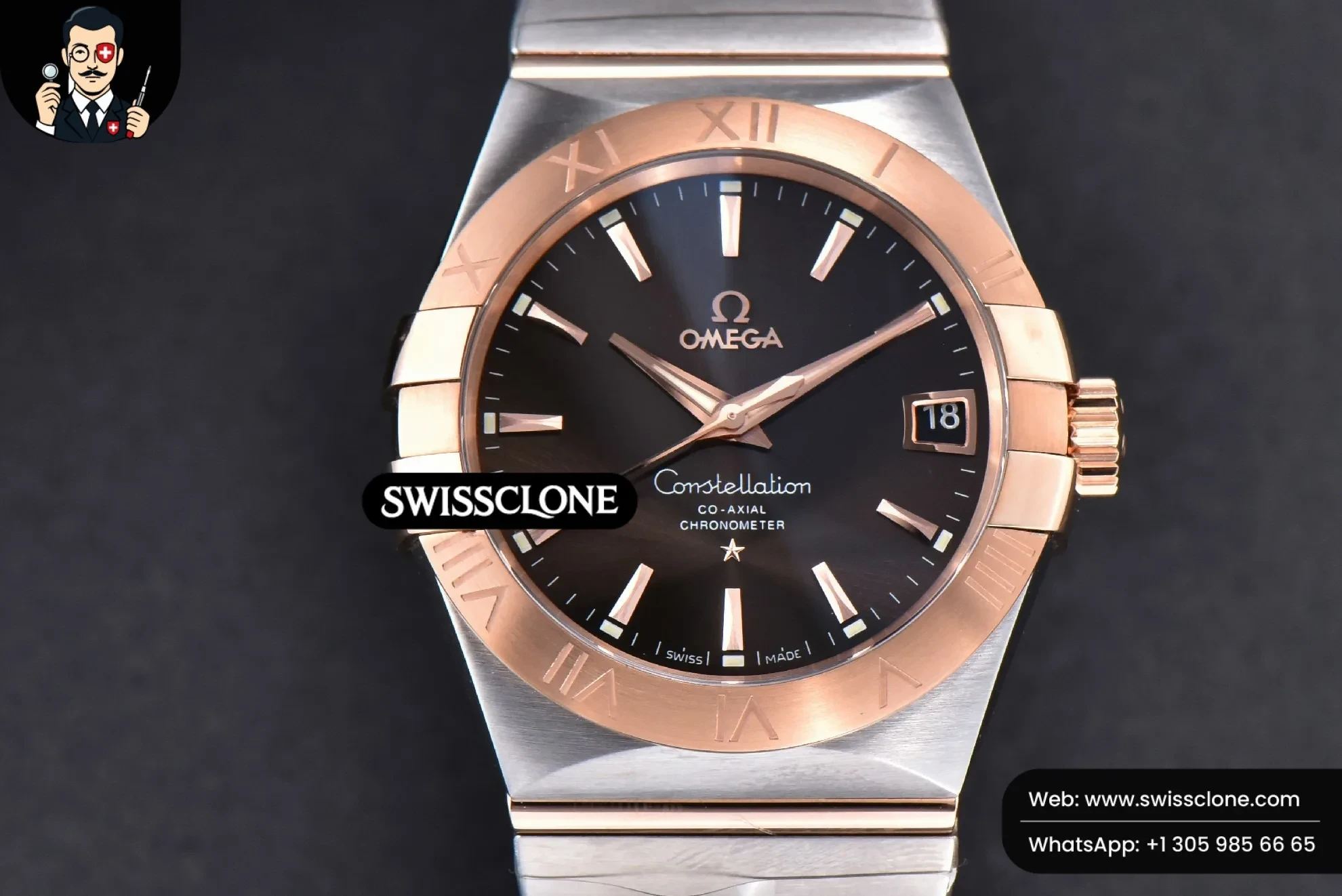 Omega Constellation 38mm SS/RG Brown Dial Stick Markers on SS/RG - 45-Degree Case Profile & Crown View | 1:1 Swiss Super Clone