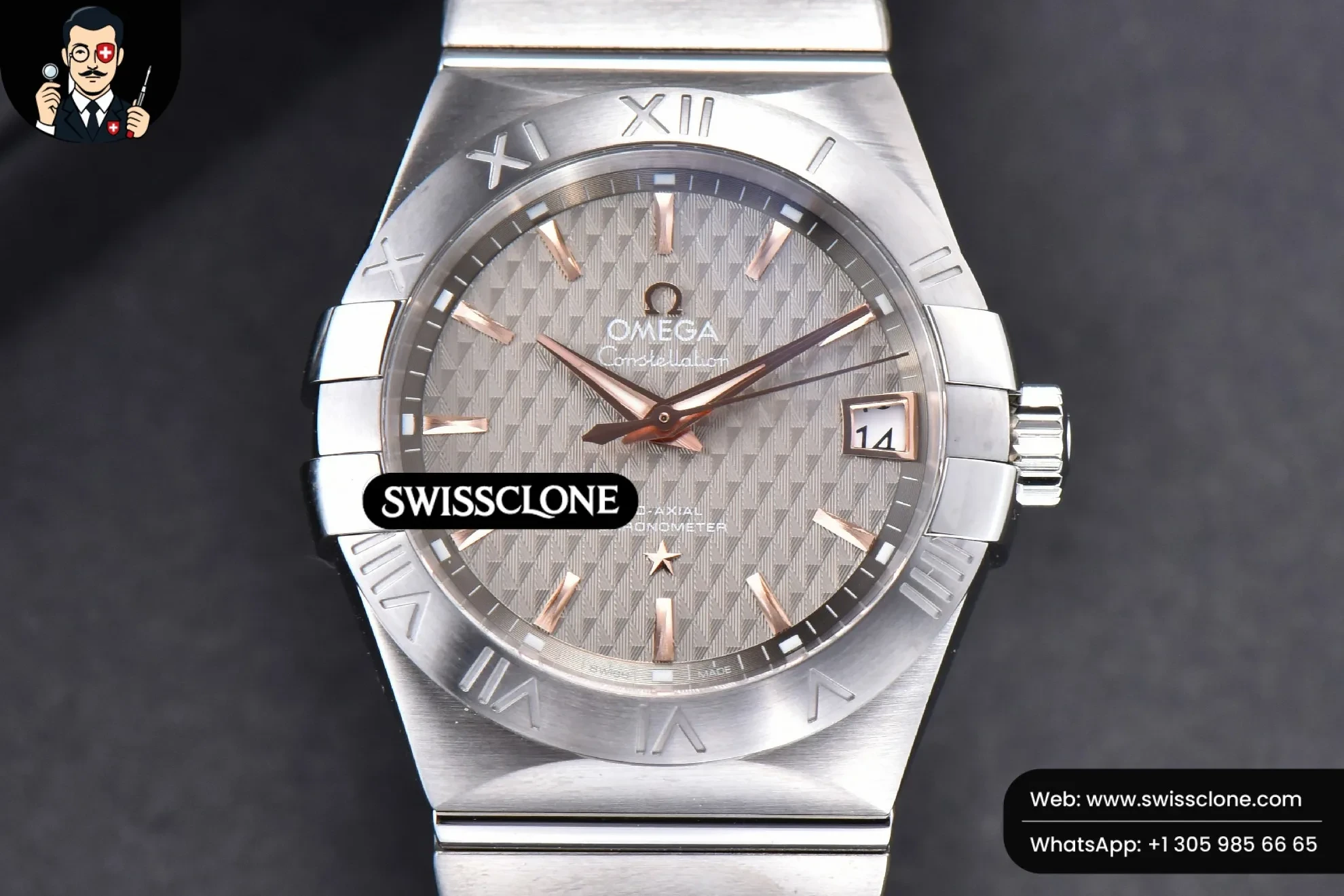 Omega Constellation 38mm SS/RG Gray Textured Dial on - 45-Degree Case Profile & Crown View | 1:1 Swiss Super Clone