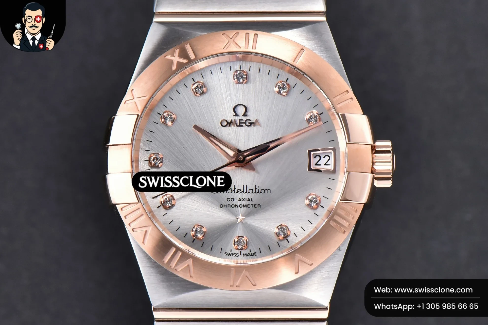 Omega Constellation 38mm SS/RG Silver Dial Diamonds Markers on SS/RG