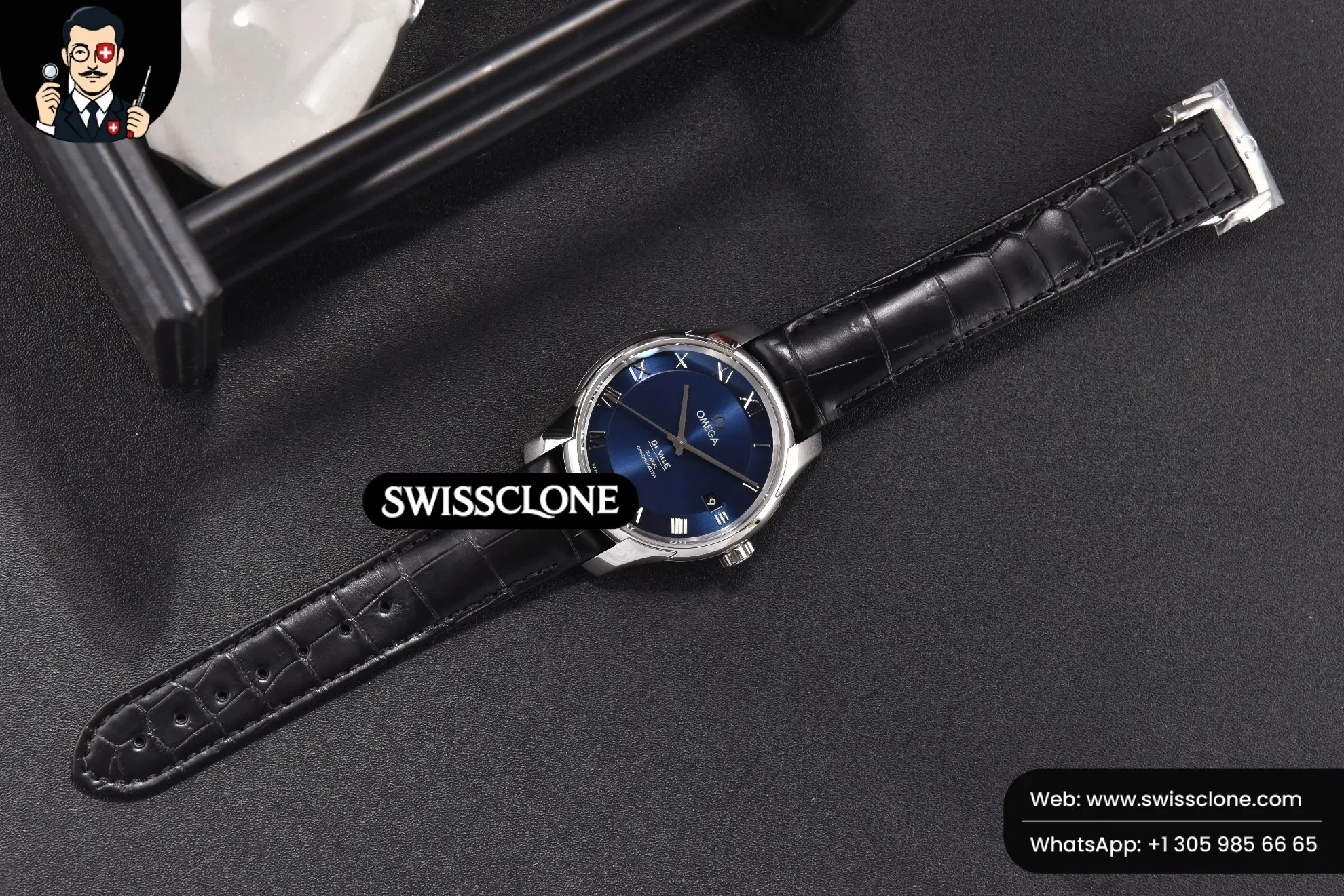 Omega De Ville Hour Vision 41mm Blue Dial Black Croco 1:1 Super Clone - Clasp & Bracelet Finishing
