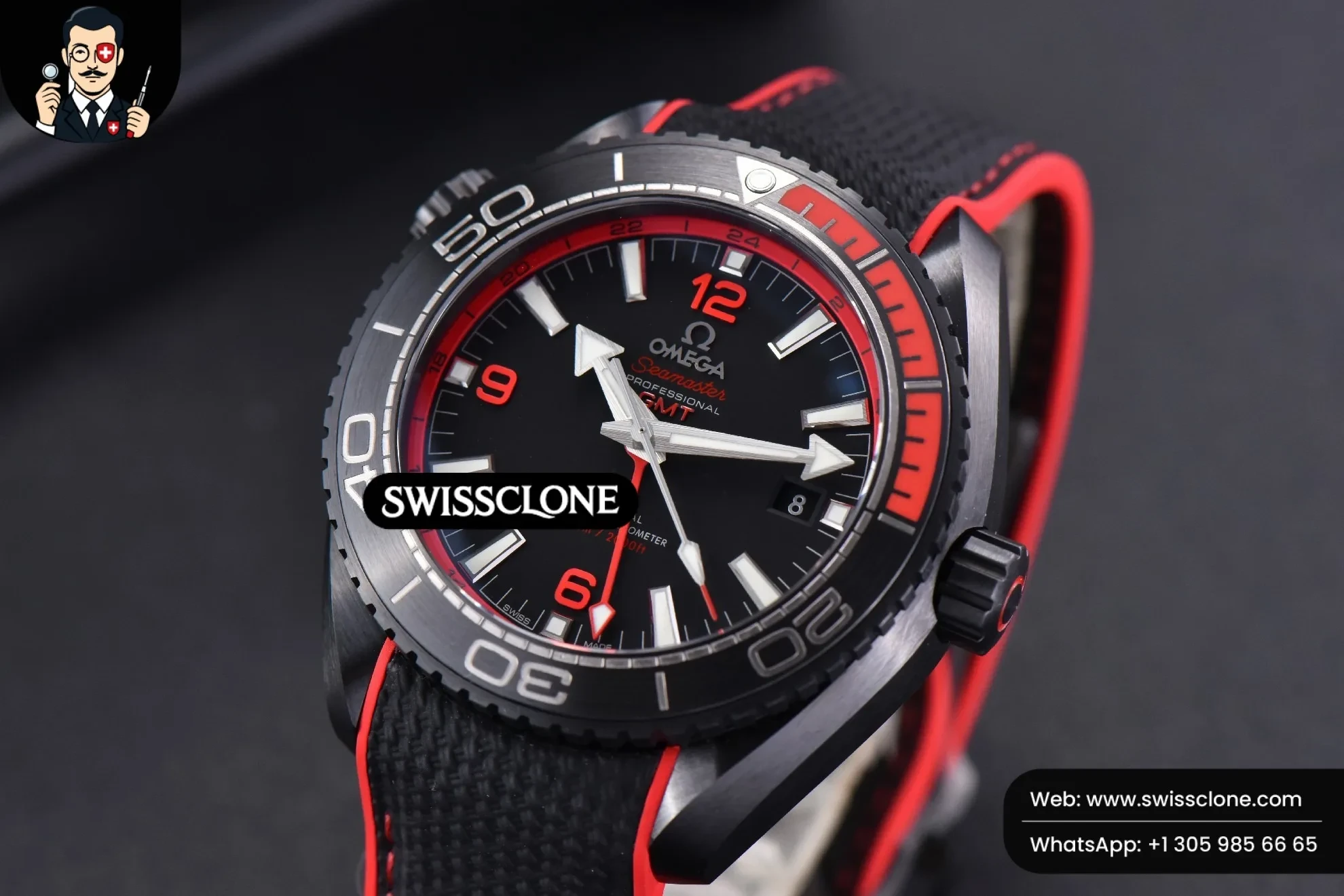 Omega Planet Ocean 45.5mm Deep Black red Real Ceramic Black Nylon - 45-Degree Case Profile & Crown View | 1:1 Swiss Super Clone