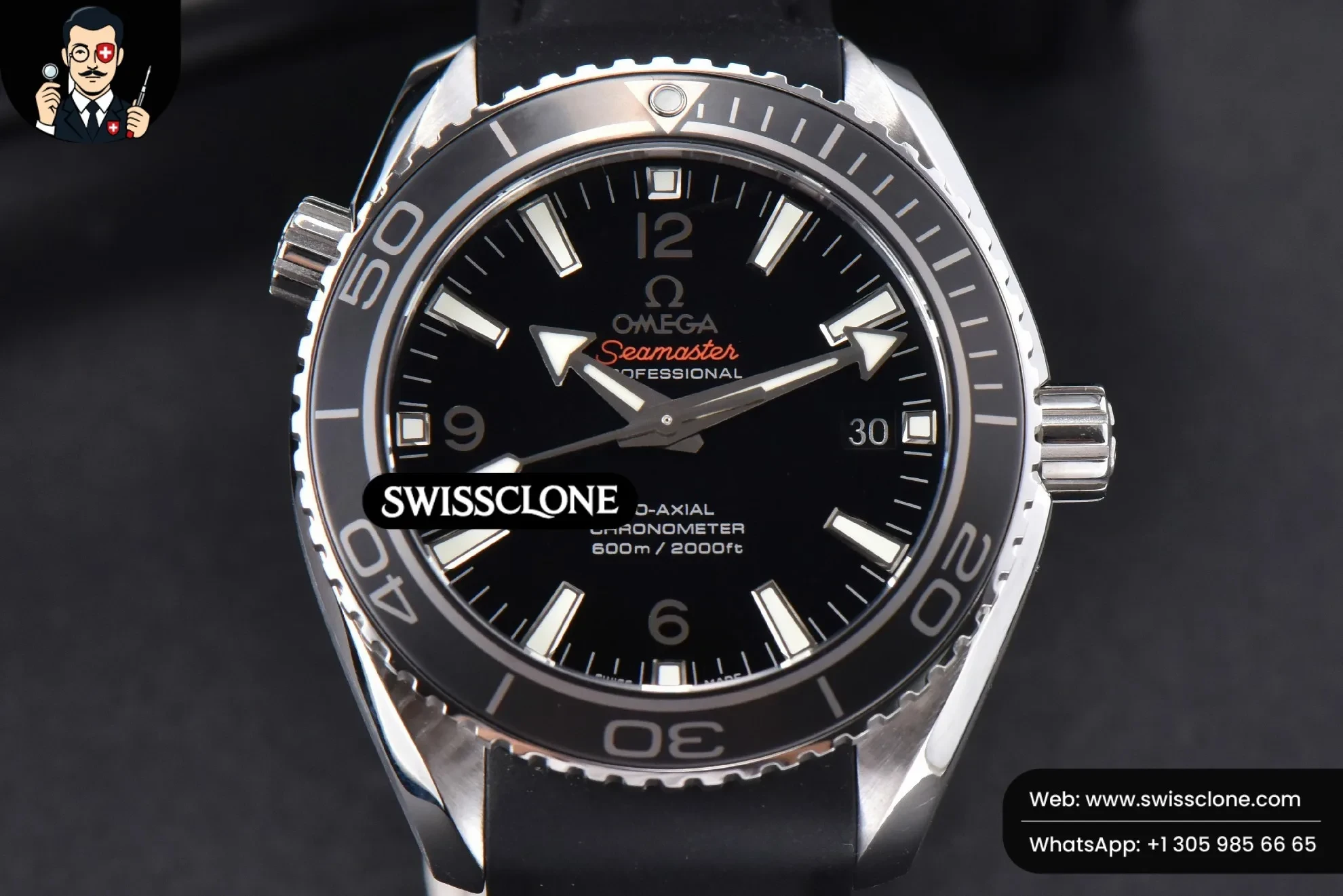 Omega Planet Ocean 600m 42mm Black Dial Rubber - 45-Degree Case Profile & Crown View | 1:1 Swiss Super Clone