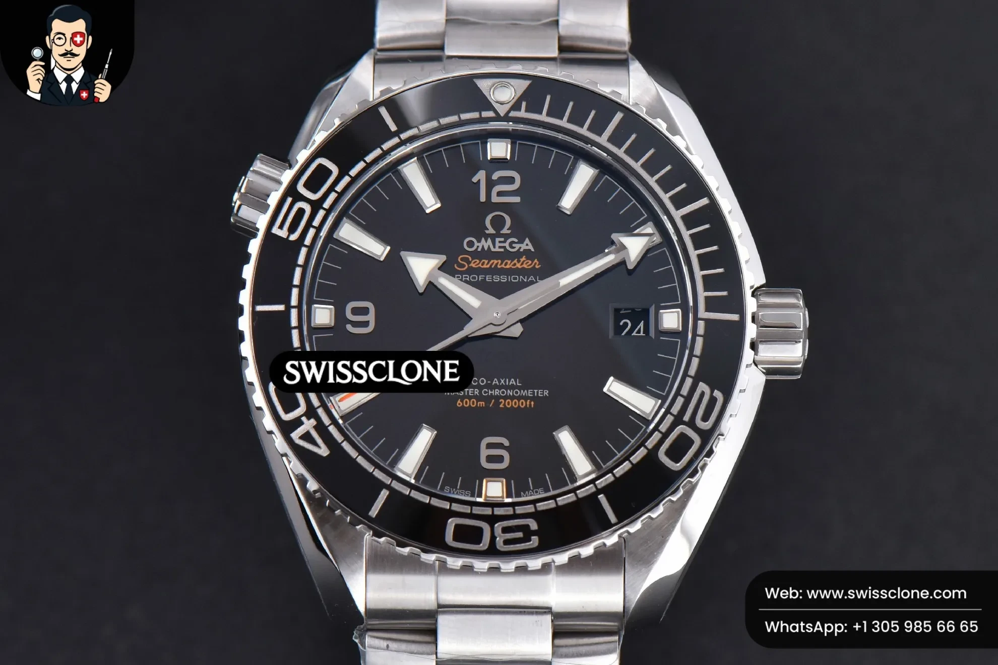Omega Planet Ocean 600m 43.5mm Black Dial - 45-Degree Case Profile & Crown View | 1:1 Swiss Super Clone