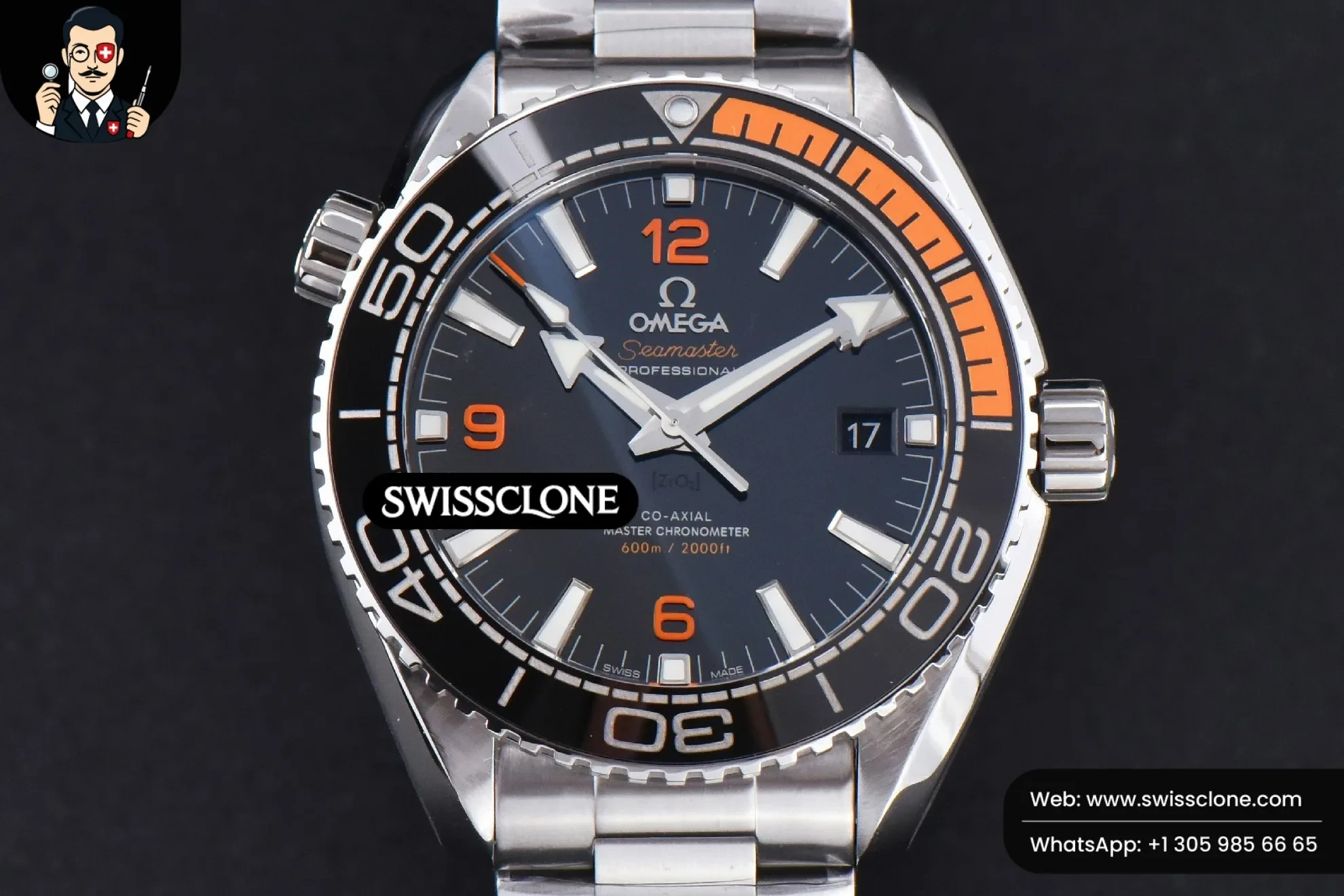 Omega Planet Ocean 600m 43.5mm Black Dial 1/4 Orange Bezel - 45-Degree Case Profile & Crown View | 1:1 Swiss Super Clone