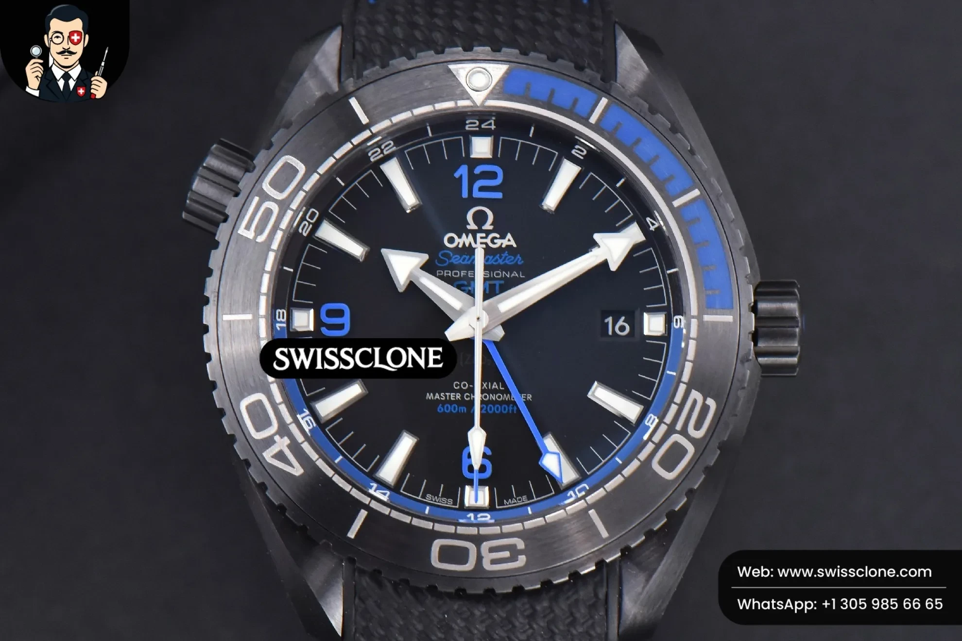Omega Planet Ocean 600m Deep Black Real Ceramic 45.5mm Black/Blue Dial Black Rubber - 45-Degree Case Profile & Crown View | 1:1 Swiss Super Clone
