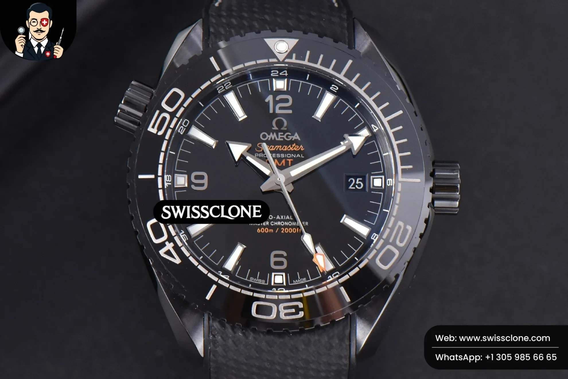 Omega Planet Ocean 600m Deep Black Real Ceramic 45.5mm Black Dial Black Rubber - 45-Degree Case Profile & Crown View | 1:1 Swiss Super Clone